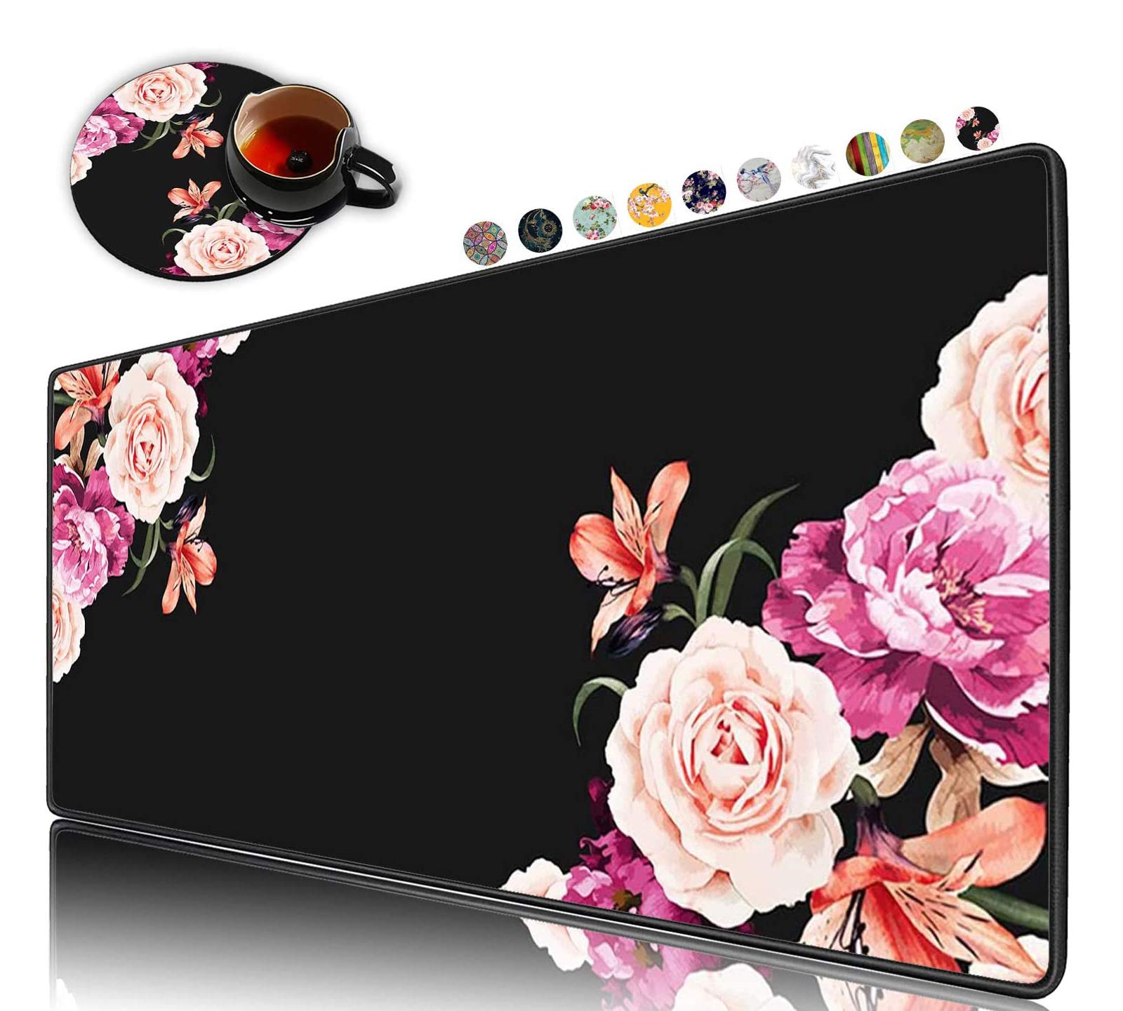 Extended Gaming Mouse Pad with Non-Slip Rubber Base & Stitched Edges - Large Waterproof Desk Mat for Work, Gaming & Office Use - Peony Flower Design - Perfect for PC, Laptop & Home Workspace
