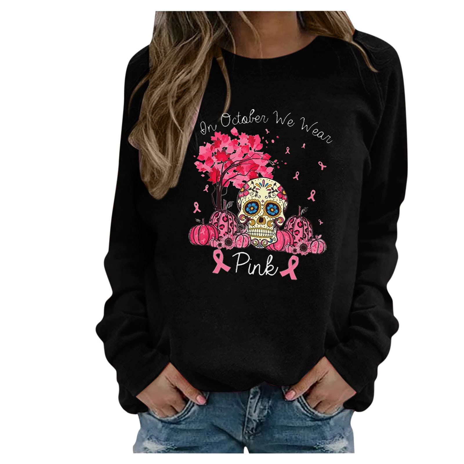 Pink Ribbon Butterfly Floral Print Long Sleeve Sweatshirt for Women - Breast Cancer Awareness Pullover for Survivors & Supporters - Perfect for Fundraising Events & Everyday Wear