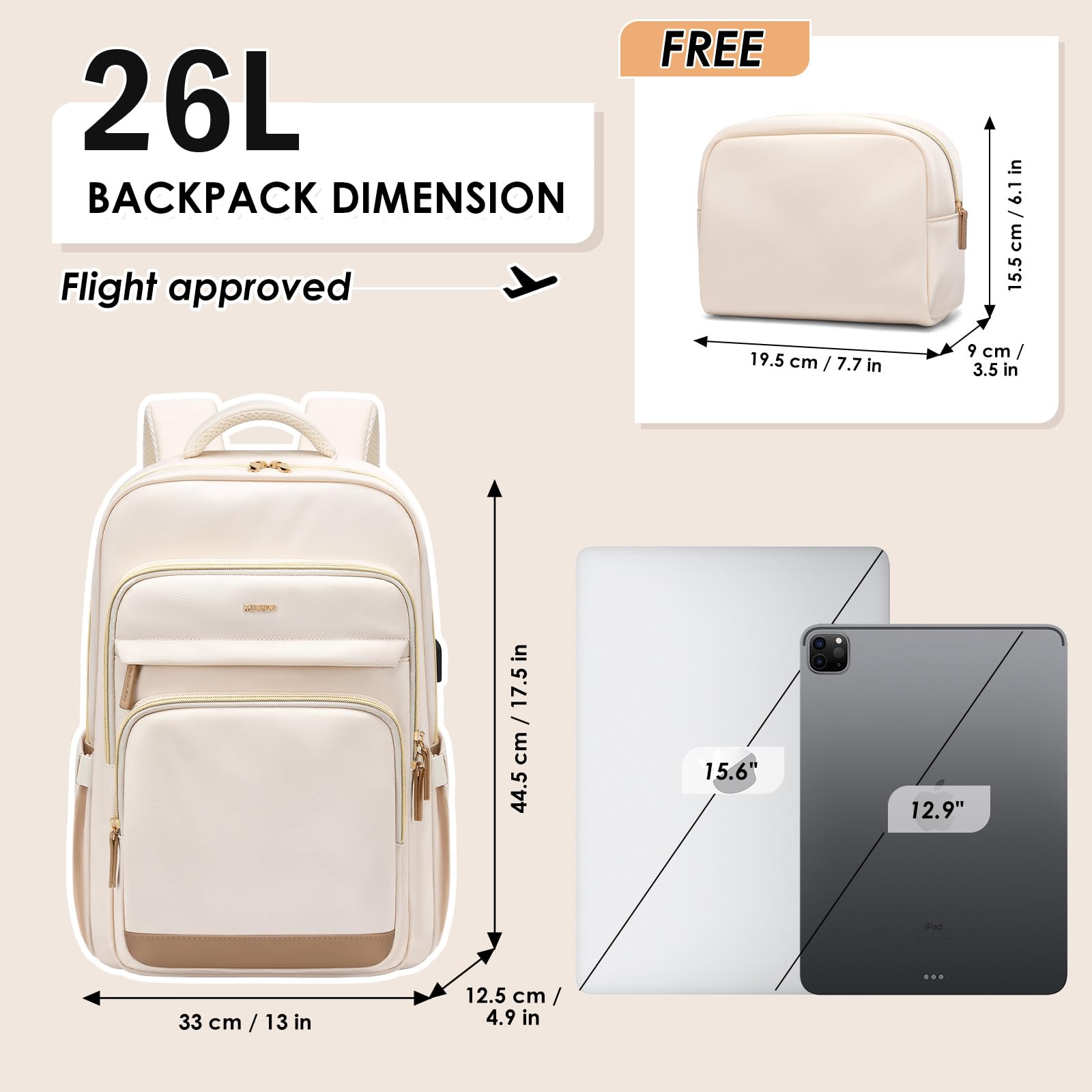 Stylish Women's Laptop Backpack with Dedicated Compartment - Water-Resistant Travel Backpack & College Bookbag for Work, School & Daily Commute - Includes Small Organizer Bag (Beige) | Perfect for Business Trips, Campus Life & Urban Adventures
