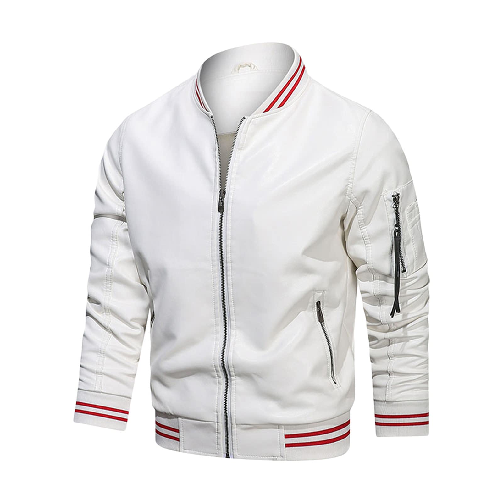 Premium Men's Cashmere Zipper Stand Collar Leather Jacket with Pockets - Warm Winter Coat for Casual Outfits & Office Wear