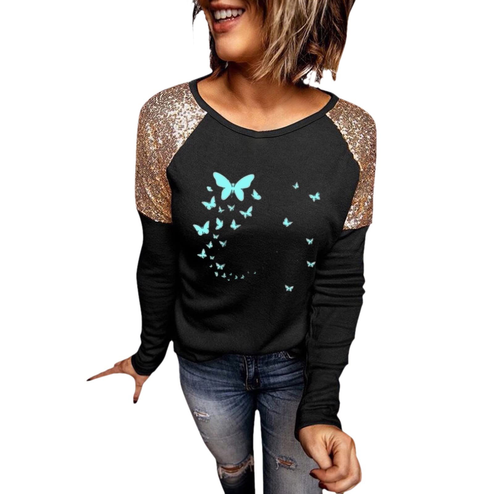 Women's Casual Blouse with Animal Print & Sequins - Sexy O-Neck Long Sleeve Loose T-Shirt for Summer | Perfect for Parties, Date Nights & Casual Outings