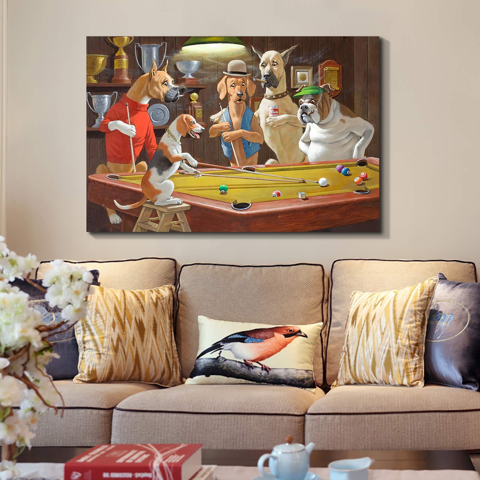 Denozer - Dogs Playing Pool Oil Painting Canvas Print, Modern Wall Art for Living Room, Bedroom, Office Decor - 48x32 Inches - Perfect for Home, Bar, and Game Room Wall Decoration
