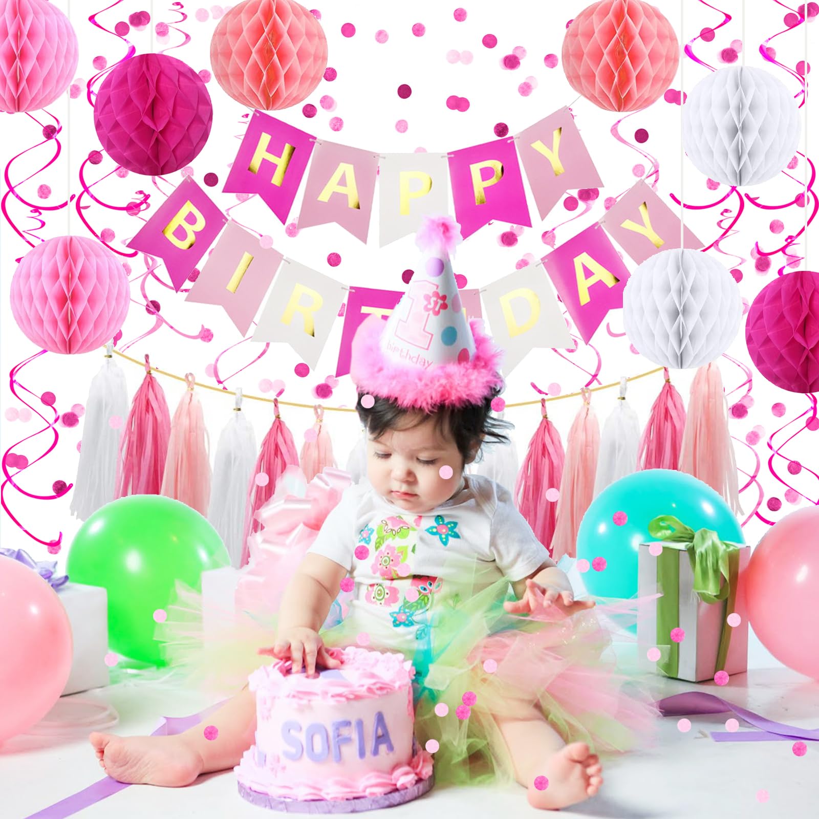 Pink Birthday Party Decorations Set - Happy Birthday Banner, Hanging Swirls, Confetti, Honeycomb Balls & Tissue Tassels for Girls' Birthday, Baby Shower & Anniversary Celebrations
