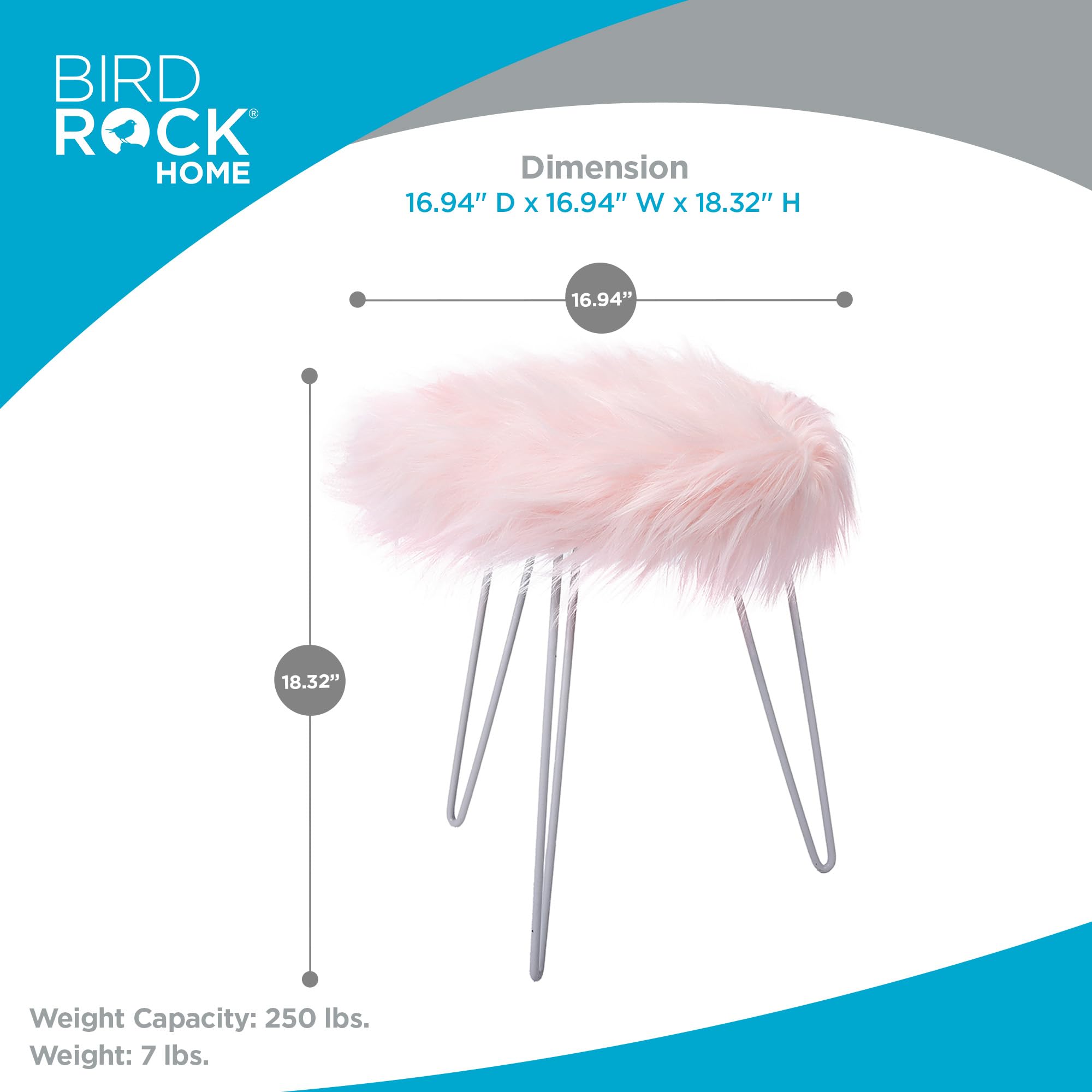 BIRDROCK HOME Round Faux Fur Foot Stool Ottoman with White Hairpin Legs - Soft Padded Vanity Seat Makeup Chair for Bedroom, Living Room & Kids Room - Cozy Pink Accent Furniture for Home Decor, Reading Nook & Dressing Area