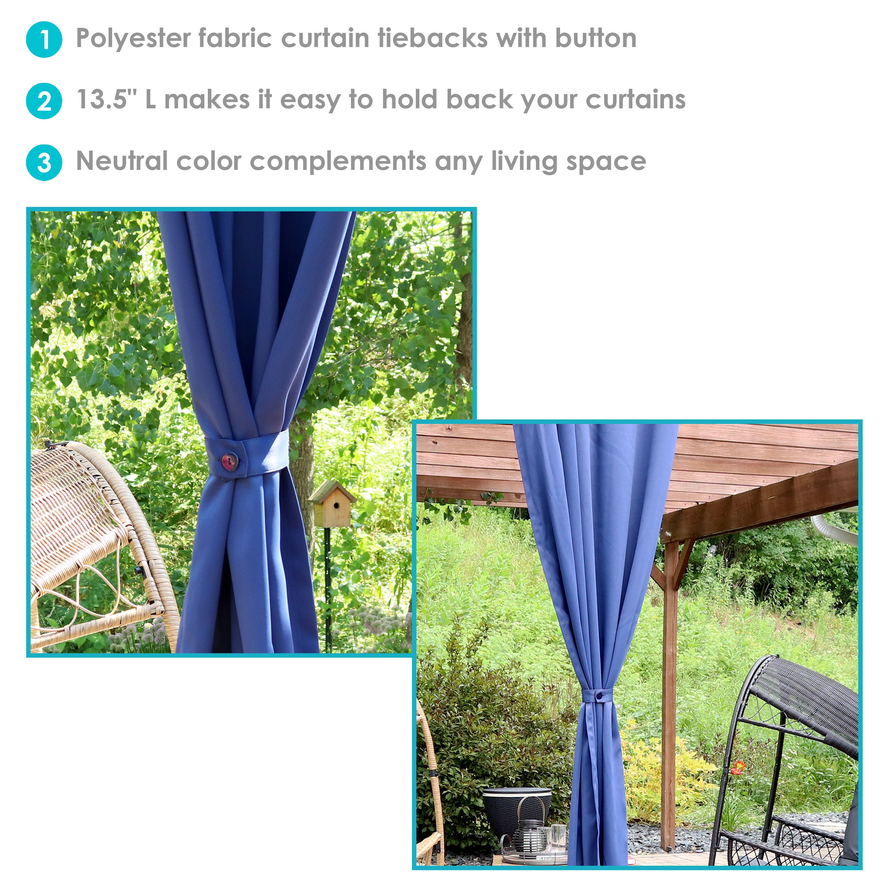 Sunnydaze Indoor Outdoor Polyester Fabric Curtain Tiebacks Set of 2 - Elegant Window Decor for Living Room Bedroom & Patio