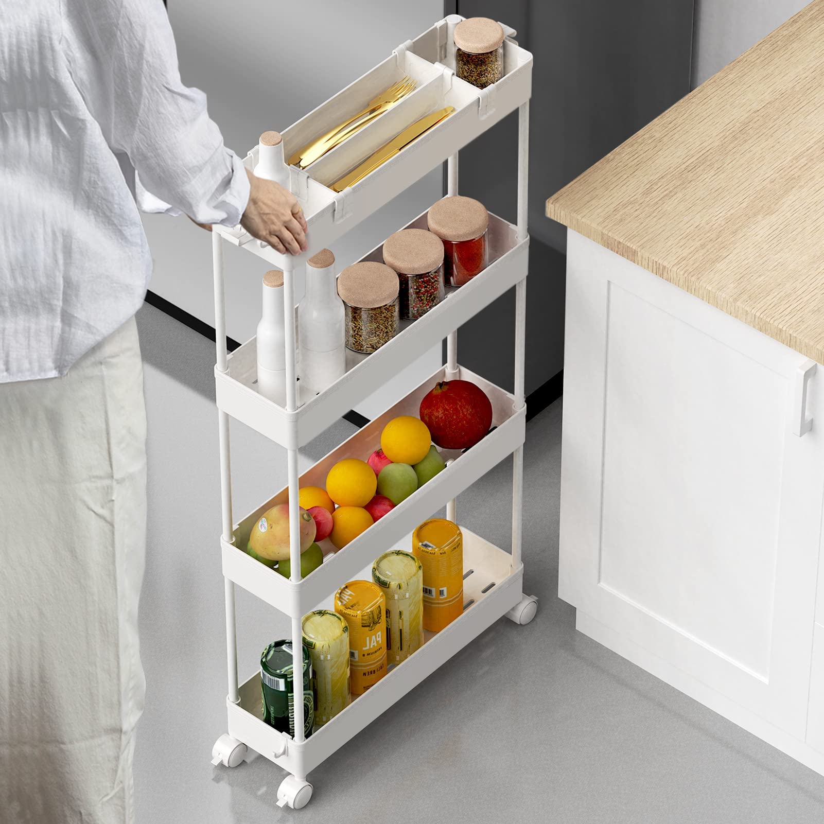 SPACELEAD 4-Tier Slim Rolling Storage Cart - Bathroom, Kitchen & Office Organizer with Slide-Out Shelves - Mobile Utility Cart for Small Spaces, Laundry Room & Narrow Areas - White - Perfect for Bathroom Essentials, Kitchen Supplies & Home Organization
