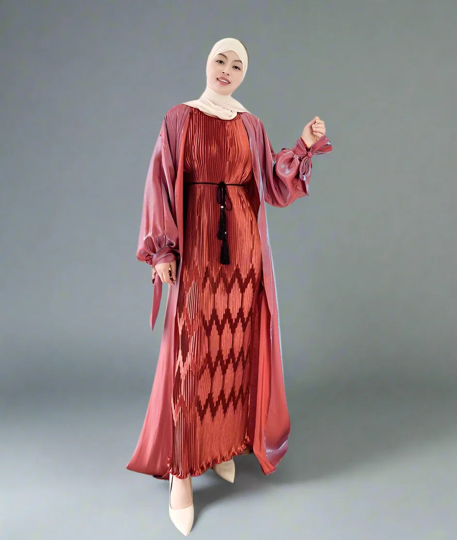 Gleam Open Cardigan Abaya with Pleated Inner Dress - Modest Muslim Fashion for Prayer, Eid & Special Occasions