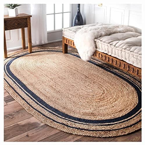 Handwoven Jute Farmhouse Rug - Natural Braided Oval Area Rug for Living Room, Bedroom, Kitchen - 7x10 Feet Square Black Line Design - Perfect for Boho Decor & Cozy Home Style