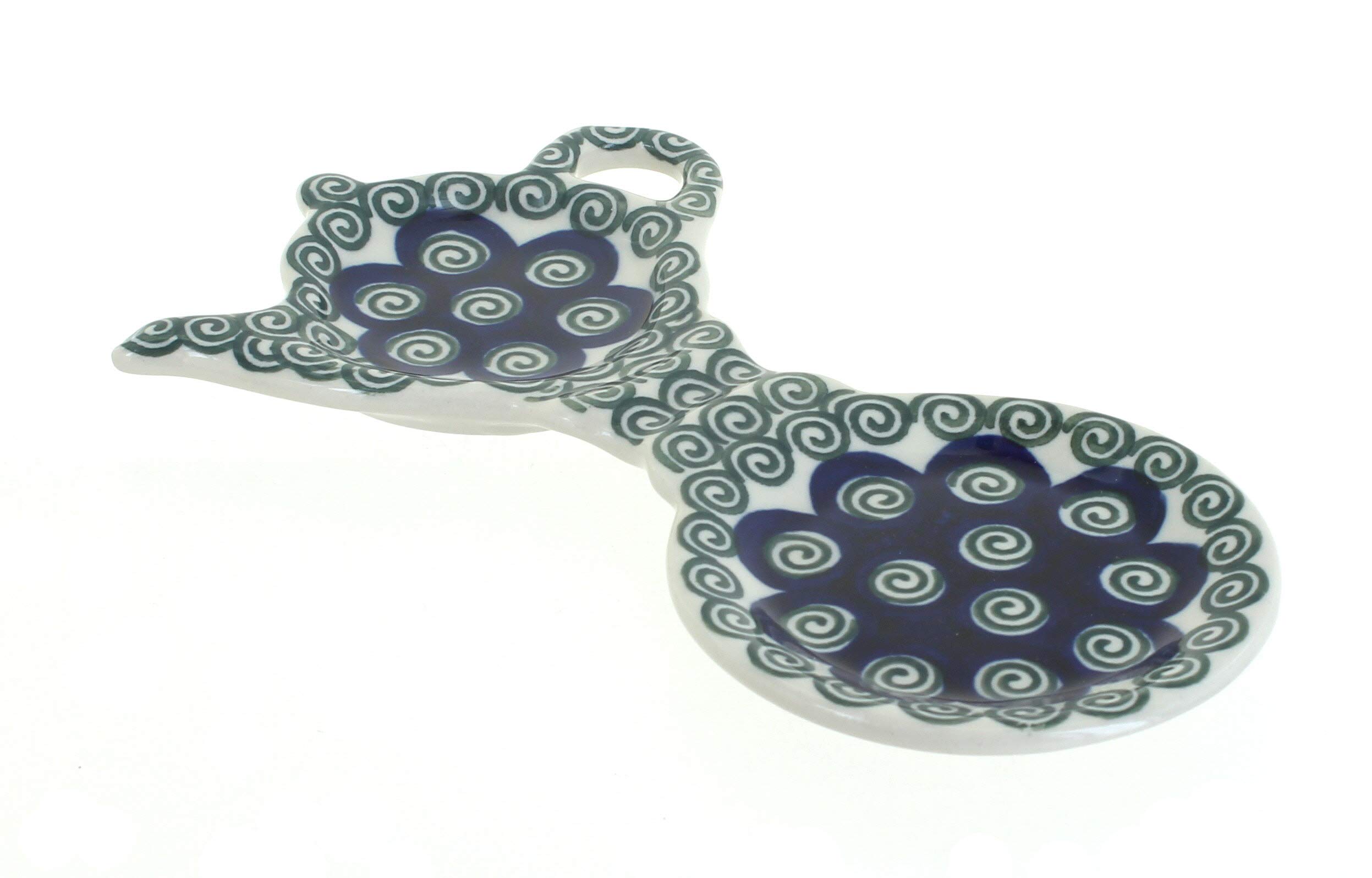 Handmade Blue Rose Polish Pottery Peacock Swirl Tea Bag Holder & Saucer Set - Elegant Tea Accessories for Afternoon Tea, Kitchen Decor, and Gift Giving