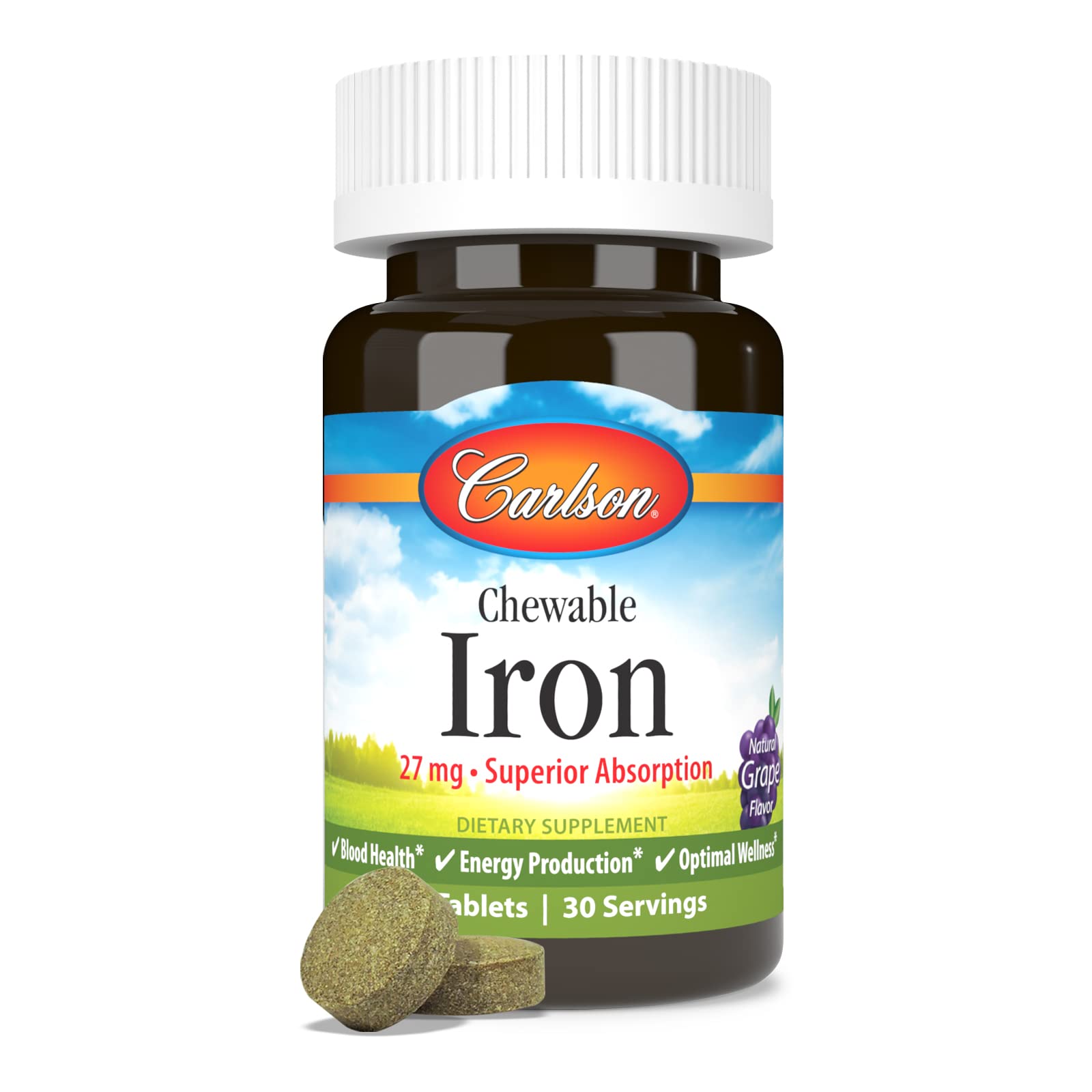 Carlson Chewable Iron 27 mg Grape Flavor - Iron Supplement for Blood Health & Energy Support - 30 Easy-to-Swallow Tablets - Ideal for Anemia, Pregnancy & Active Lifestyles