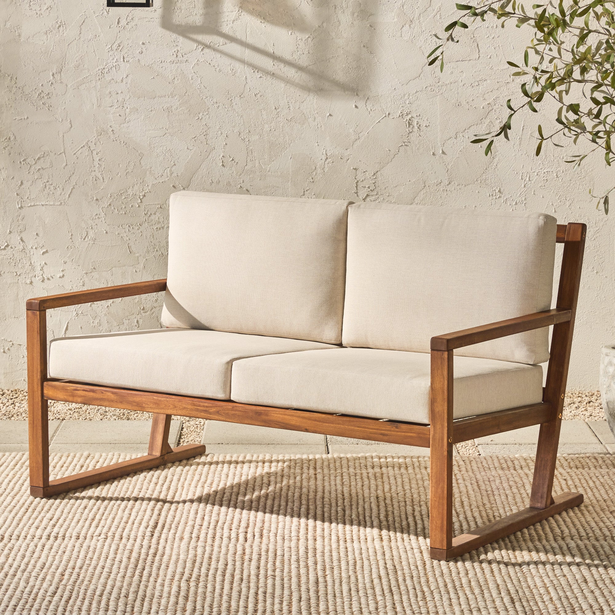 Modern Solid Wood Slat Back Patio Loveseat - Brown Outdoor Furniture for Garden, Deck, or Poolside Relaxation