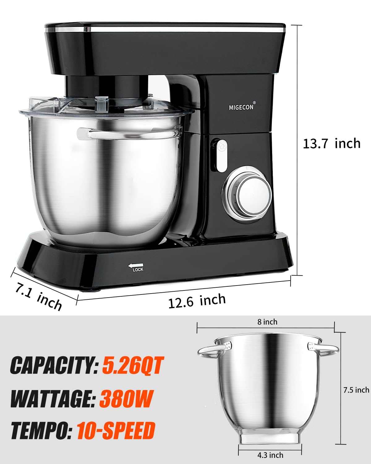MIGECON 5.26 QT Stand Mixer - Stainless Steel Bowl, 10 Speed Settings with Whisk, Dough Hook & Flat Beater Attachments - Lightweight Portable Kitchen Mixer for Baking Cakes, Cookies & Bread Dough - Perfect for Home Bakers & Small Bakeries (Black)