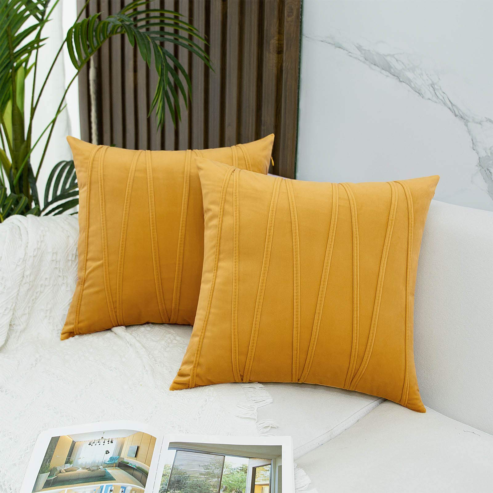 JUSPURBET Velvet Striped Throw Pillow Covers Set of 2 - 22x22 Inch Decorative Cushion Covers for Sofa, Couch & Bed in Gold - Perfect for Living Room, Bedroom & Home Decor