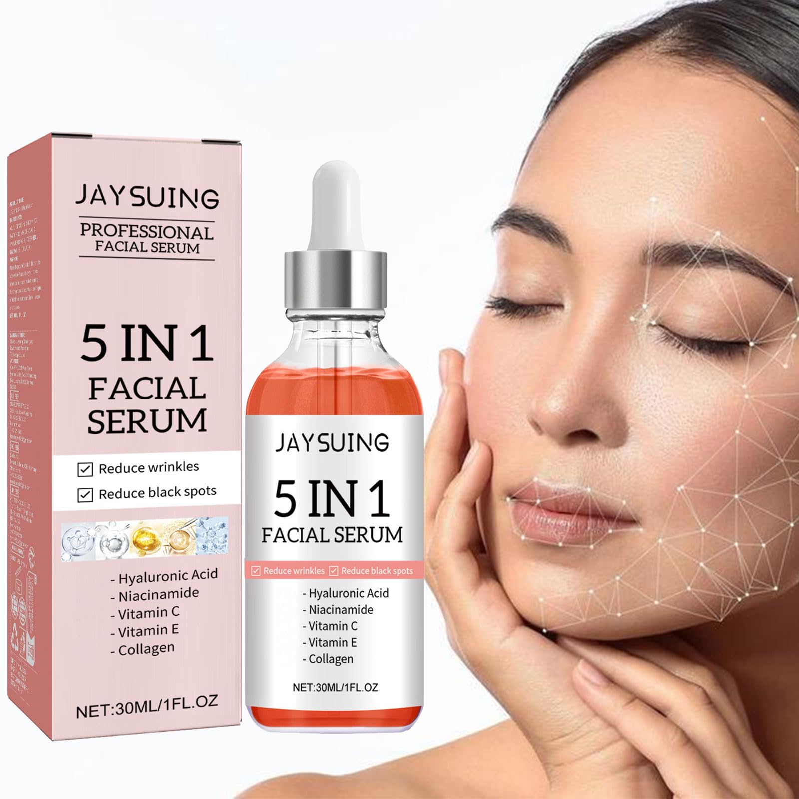 5 in 1 Anti-Aging Facial Serum with 30% Vitamin C, Niacinamide & Hyaluronic Acid - Hydrating Collagen Boost Serum Reduces Wrinkles & Fine Lines - 1.05 Fl.oz for Glowing Skin Day & Night Care