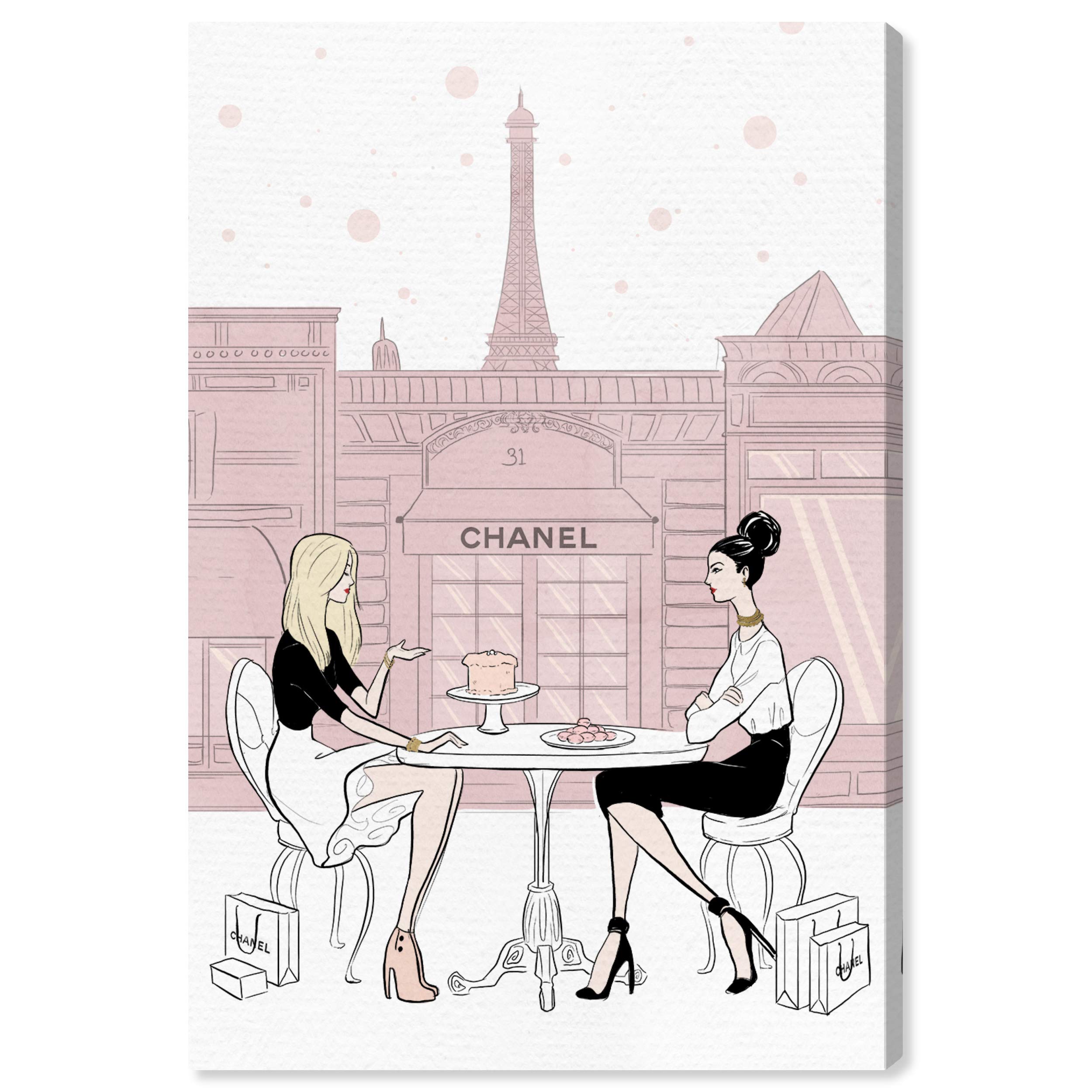 Oliver Gal Artist Co. 'Cafe Shopping Friend Blush' Fashion Glam Wall Art Canvas Print - 24x36 Inch Pink & White Home Decor for Living Room, Bedroom, or Office