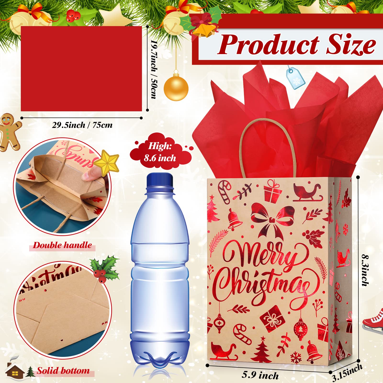 24 Pcs Christmas Gift Bags with Tissue Paper - Merry Christmas Kraft Paper Goodie Bags with Handles for Holiday Party Supplies (Red Snowflake, Small) | Perfect for Christmas Gifts, Office Party Favors & Festive Wrapping