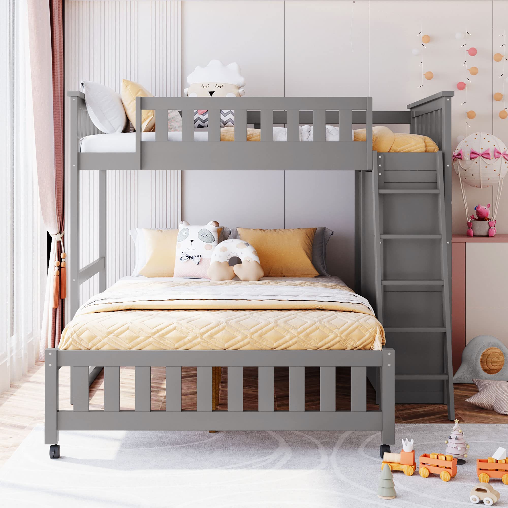 **Sturdy Wooden Bunk Bed for Kids, Teens & Adults - Twin Over Full Size with 6 Drawers, Flexible Shelves & Wheels - No Box Spring Needed (Grey + Wheels01) - Perfect for Small Spaces, Guest Rooms & Shared Bedrooms**