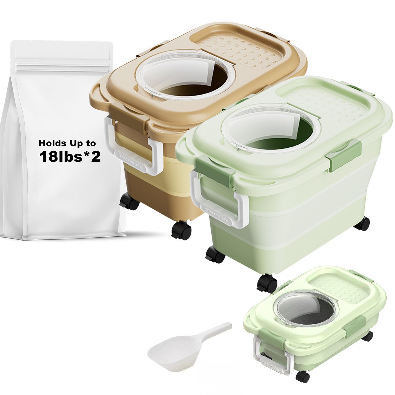 2-Pack Collapsible Dog Food Storage Container 18LB - Travel Silicone Bowl & Scoop Included - Airtight Pet Food Bin for Dogs, Cats, Birds & Litter - Keep Dry Food Fresh - Portable Design for Home & Travel (Green + Brown) - Perfect for Kitchen Storage, Camping & Road Trips