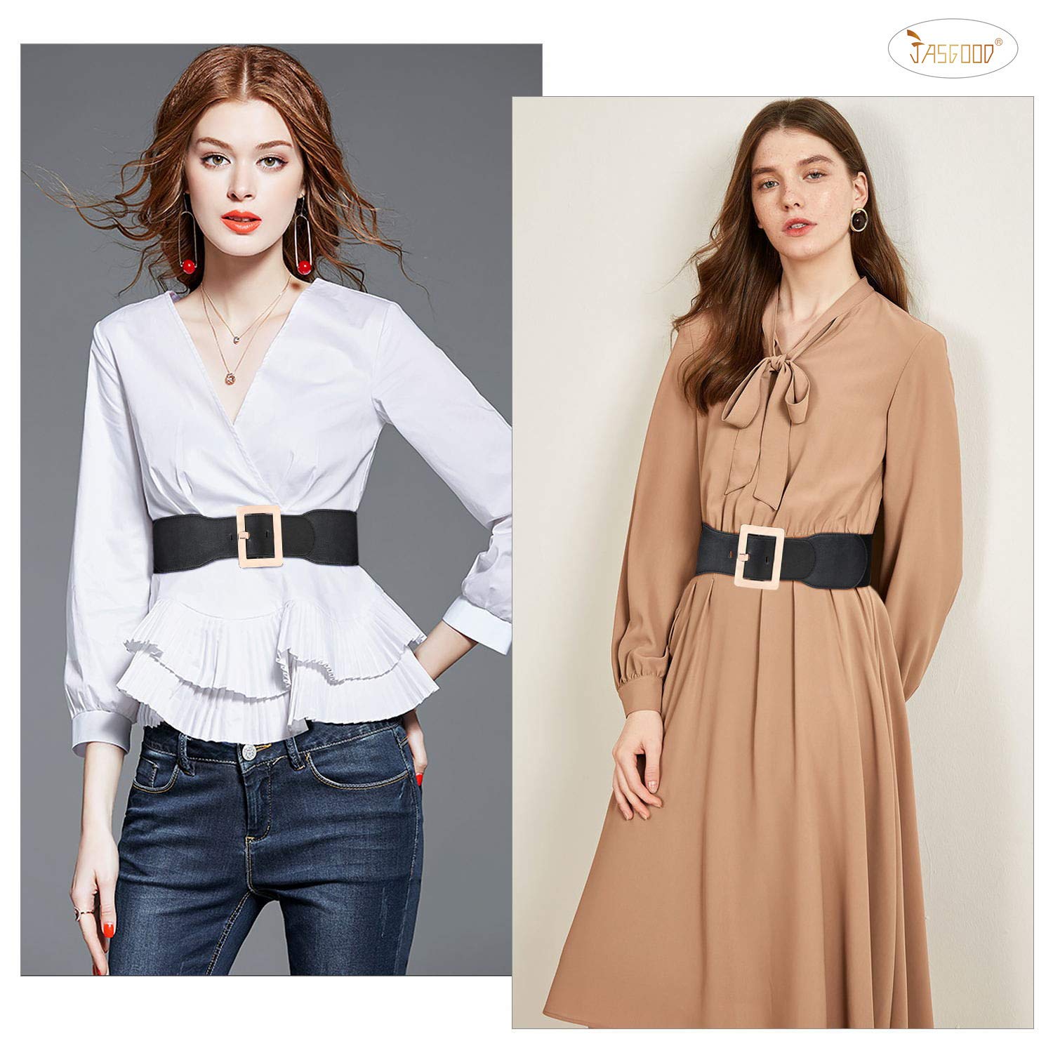 JASGOO Women's Vintage Stretchy Elastic Waist Belt with Metal Buckle - Fashion Accessory for Dresses, Skirts & Holiday Outfits (Santa Belt Style)