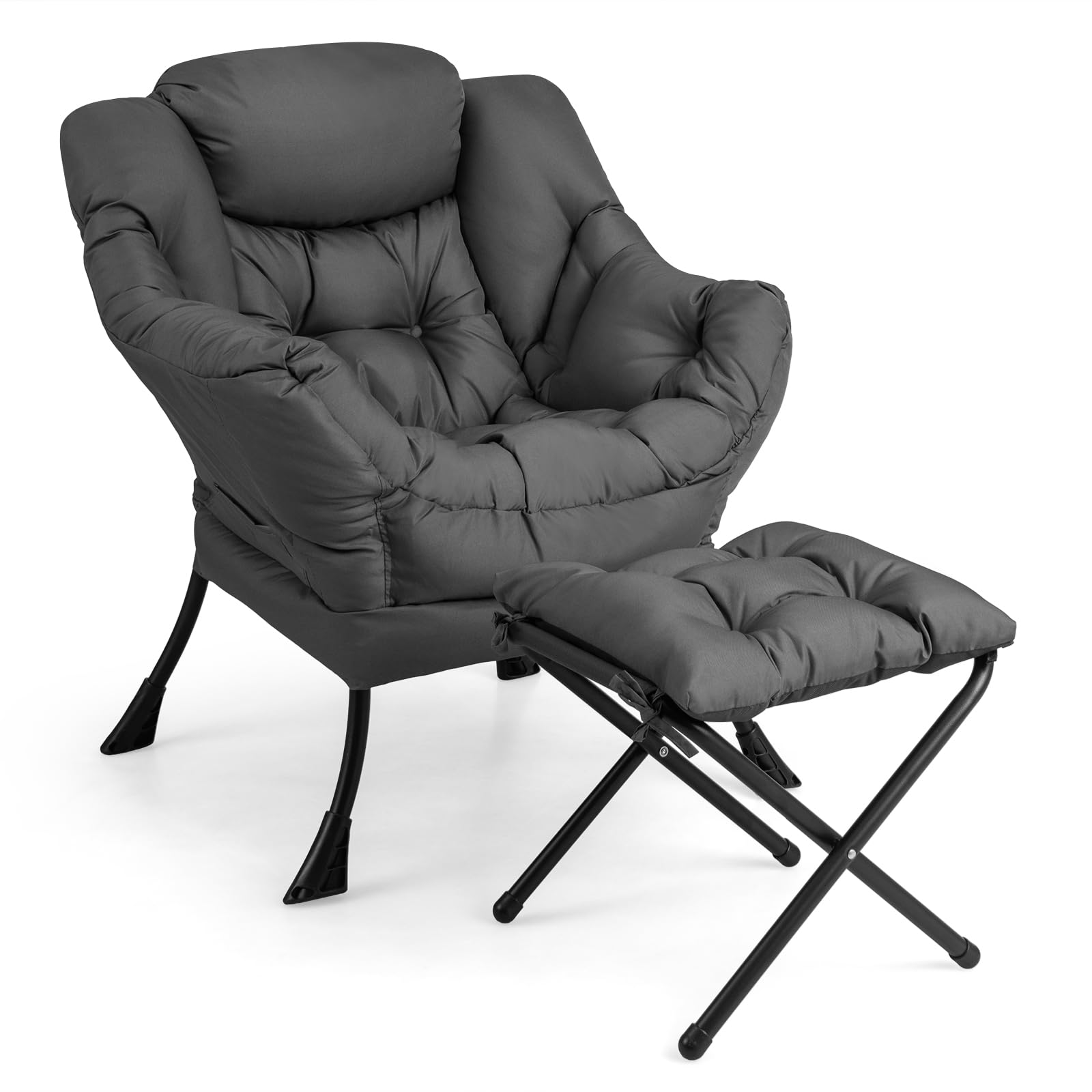 Giantex Oversized Lazy Chair with Ottoman - Gray Upholstered Lounge Armchair with Foldable Footrest & Side Pocket - Perfect for Living Room, Bedroom, Office & Small Space Relaxation