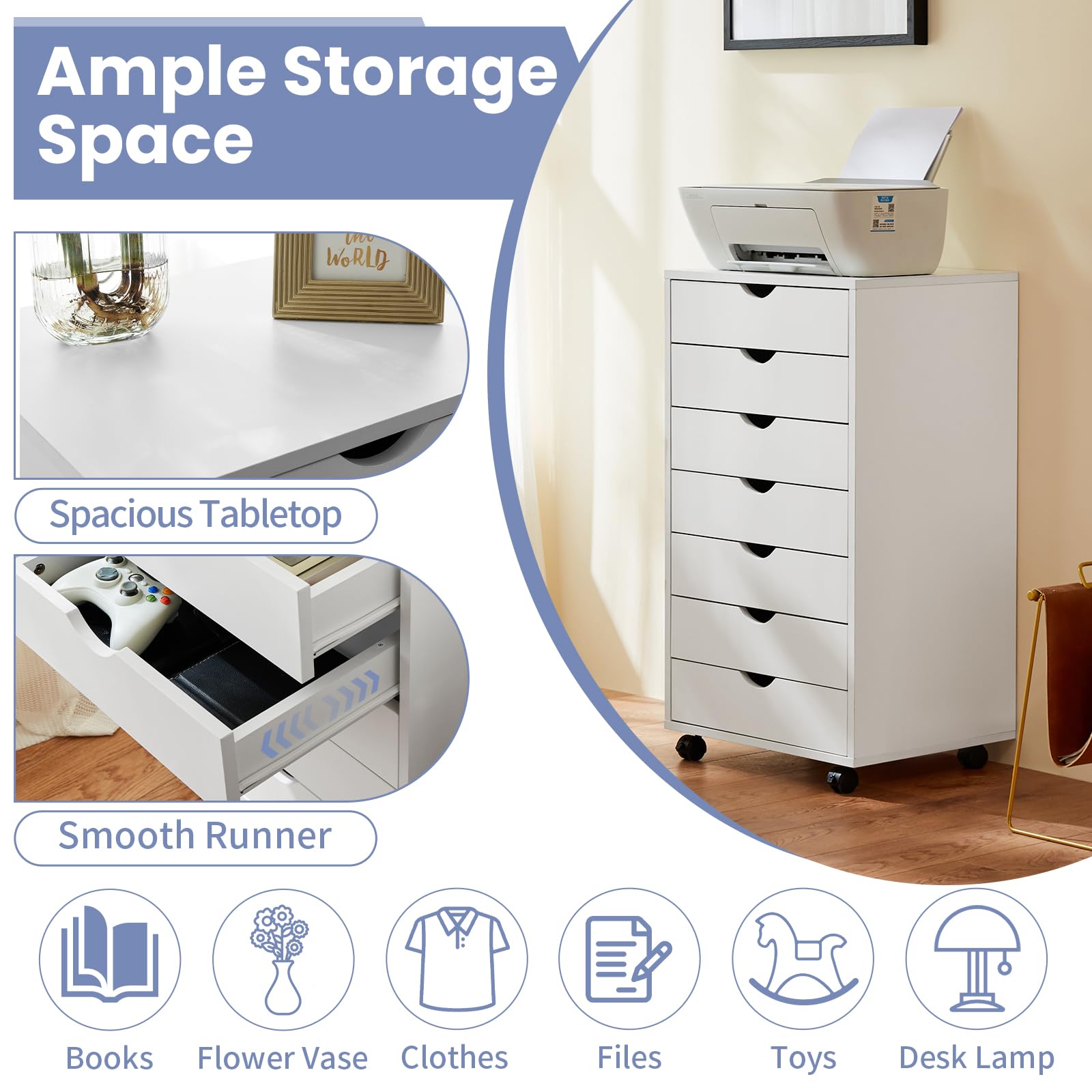 NEWBULIG 5-Drawer Wooden Storage Organizer - Mobile File Cabinet, Dresser & Printer Stand for Home Office, Study, Bedroom - Perfect for Organizing Documents, Supplies & Office Essentials
