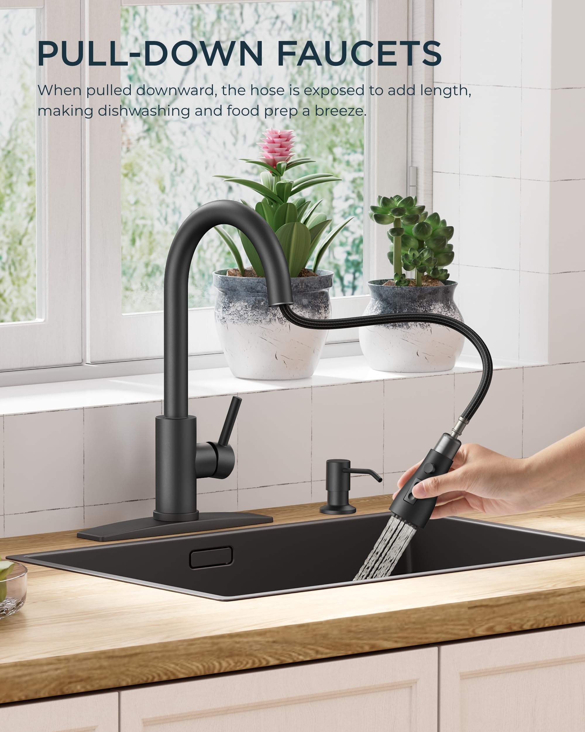 FORIOUS Black Stainless Steel Kitchen Faucet with Pull Down Sprayer & Soap Dispenser - High Arc Single Handle 3-Mode Modern Faucet for Farmhouse, RV, Bar, Laundry & Camper Sinks | Perfect for Cooking, Washing Dishes & Food Prep