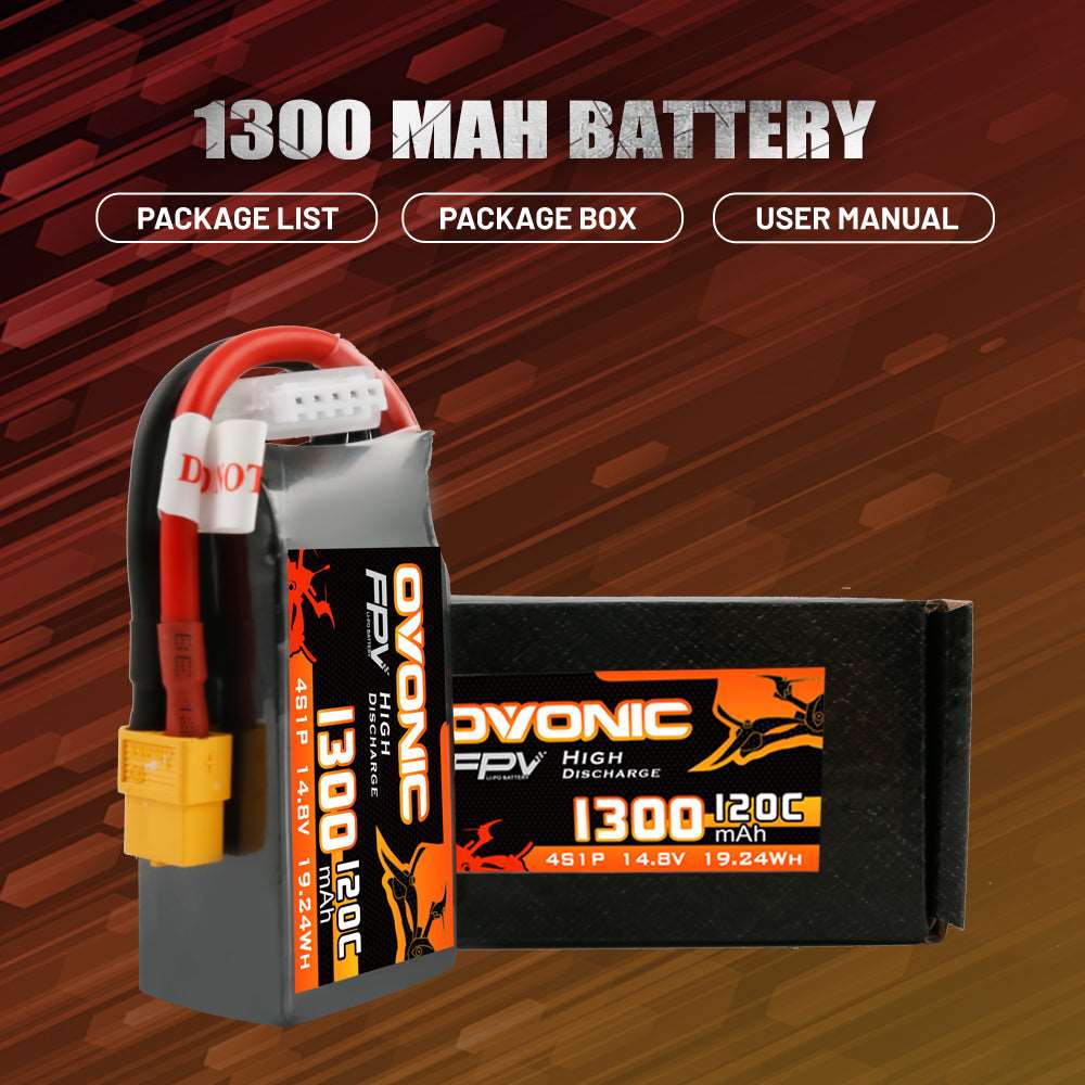 Ovonic 4S 14.8V 1300mAh 120C LiPo Battery with XT60 Connector for FPV Racing Drones - High Performance RC Drone Battery for Long Flight Time and Fast Charging