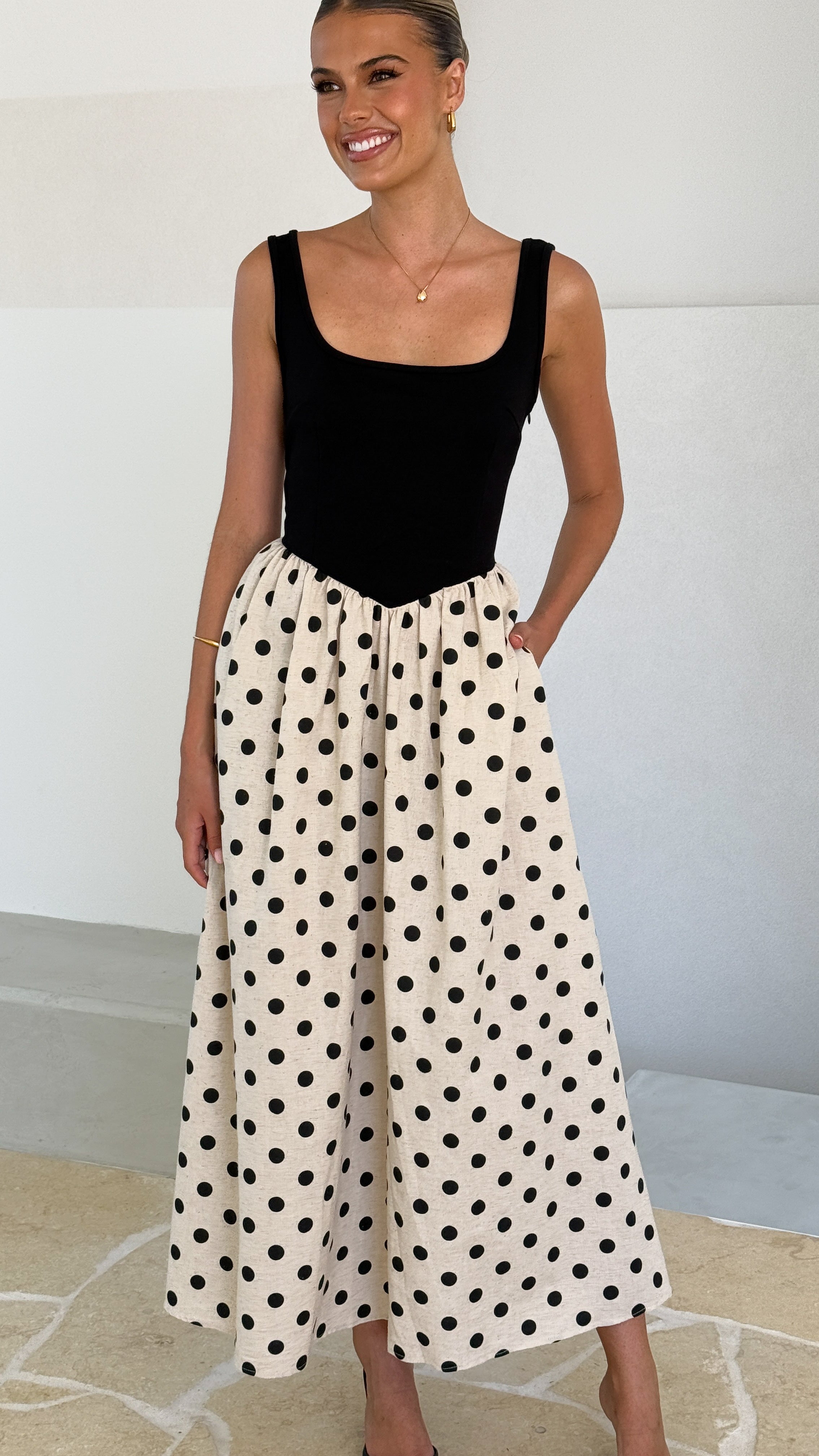 Leoni Maxi Dress - Oat & Black Spot Floral Print - Women's Long Boho Summer Dress for Beach, Vacation & Casual Wear