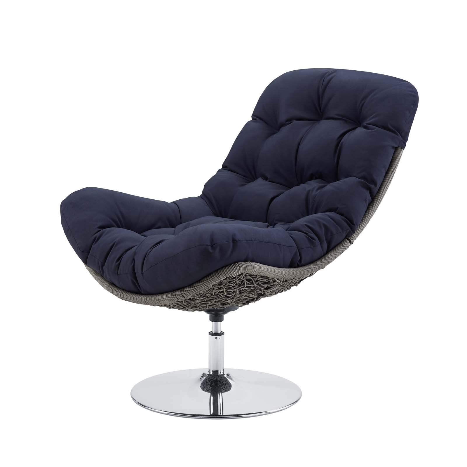 Modern Outdoor Patio Lounge Chair - Wicker Rattan with Navy Blue Fabric & Metal Frame - Perfect for Poolside, Garden, and Backyard Relaxation