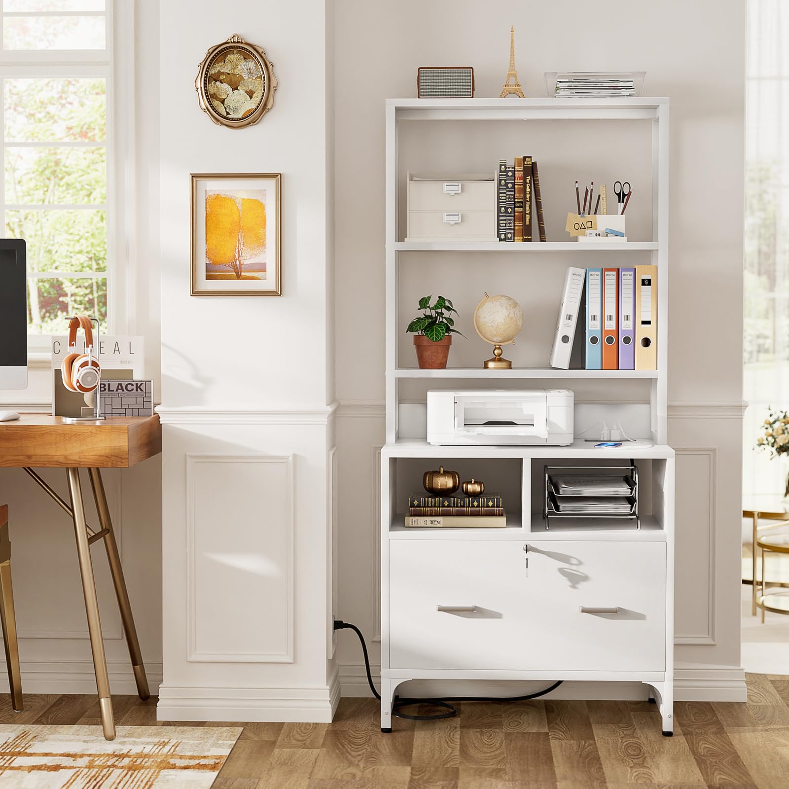 Homieasy File Cabinet with USB Charging Station - Lockable Vertical Filing Cabinet with Large Drawer & Storage Shelves - Office Printer Stand Organizer for Letter/A4/Legal Size Documents - Perfect for Home Office Organization & Workspace Storage (White)