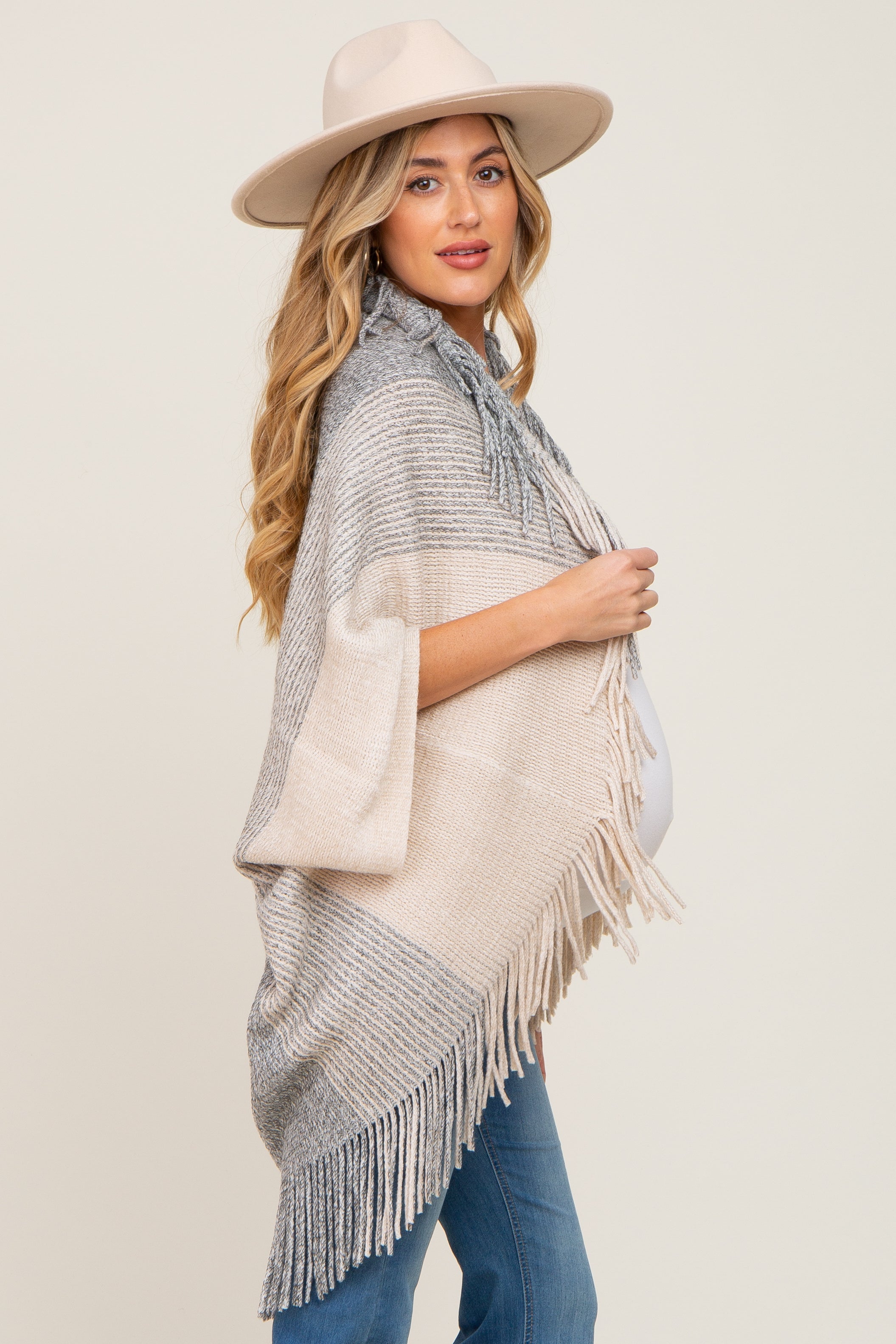 Beige Grey Fringe Knit Maternity Cover Up - Soft Nursing Shawl for Breastfeeding Moms, Stylish Pregnancy Wrap for Beach, Hospital & Photo Shoots