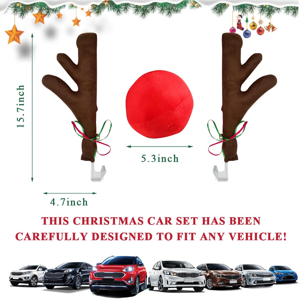 Premium Reindeer Car Kit - Antlers & Nose Auto Christmas Decorations for Cars, SUVs, Vans, Trucks | Universal Window & Grille Decor Accessories (Coffee Brown) | Perfect for Holiday Parades, Christmas Light Tours & Festive Family Road Trips