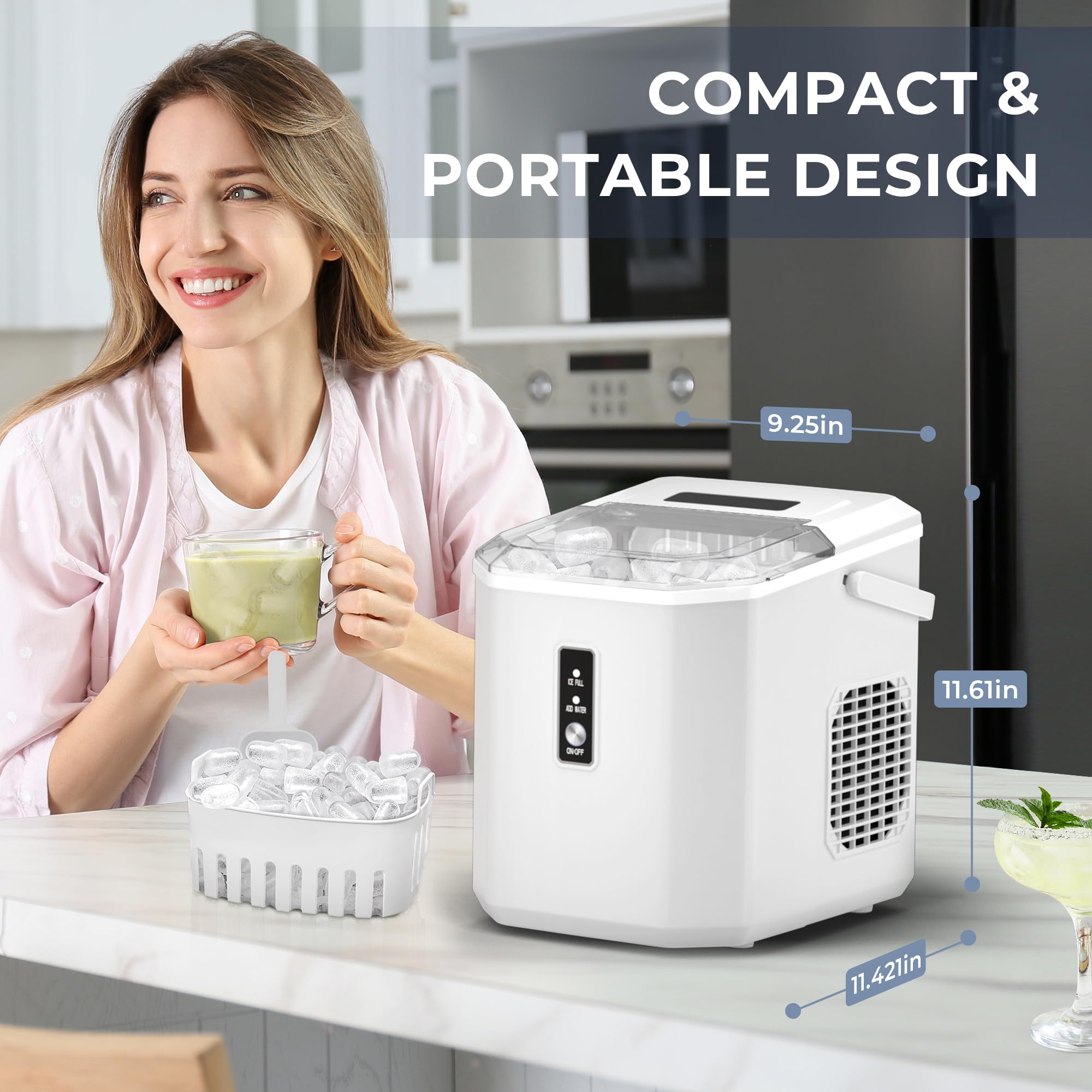 EUHOMY Countertop Ice Maker - 9 Cubes in 6 Minutes, 26lbs Daily Output, Portable Ice Machine with Handle, Self-Cleaning Function, Includes Ice Scoop & Basket - Perfect for Home, Kitchen, Office, RV, Parties & Outdoor Activities (White)