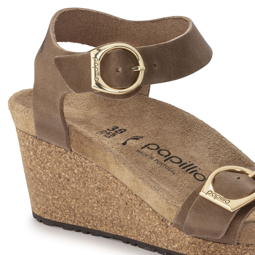 Birkenstock Soley Ring Buckle Leather Wedge Sandal in Cognac - Comfortable Women's Casual Sandals for Summer Outings & Beach Vacations