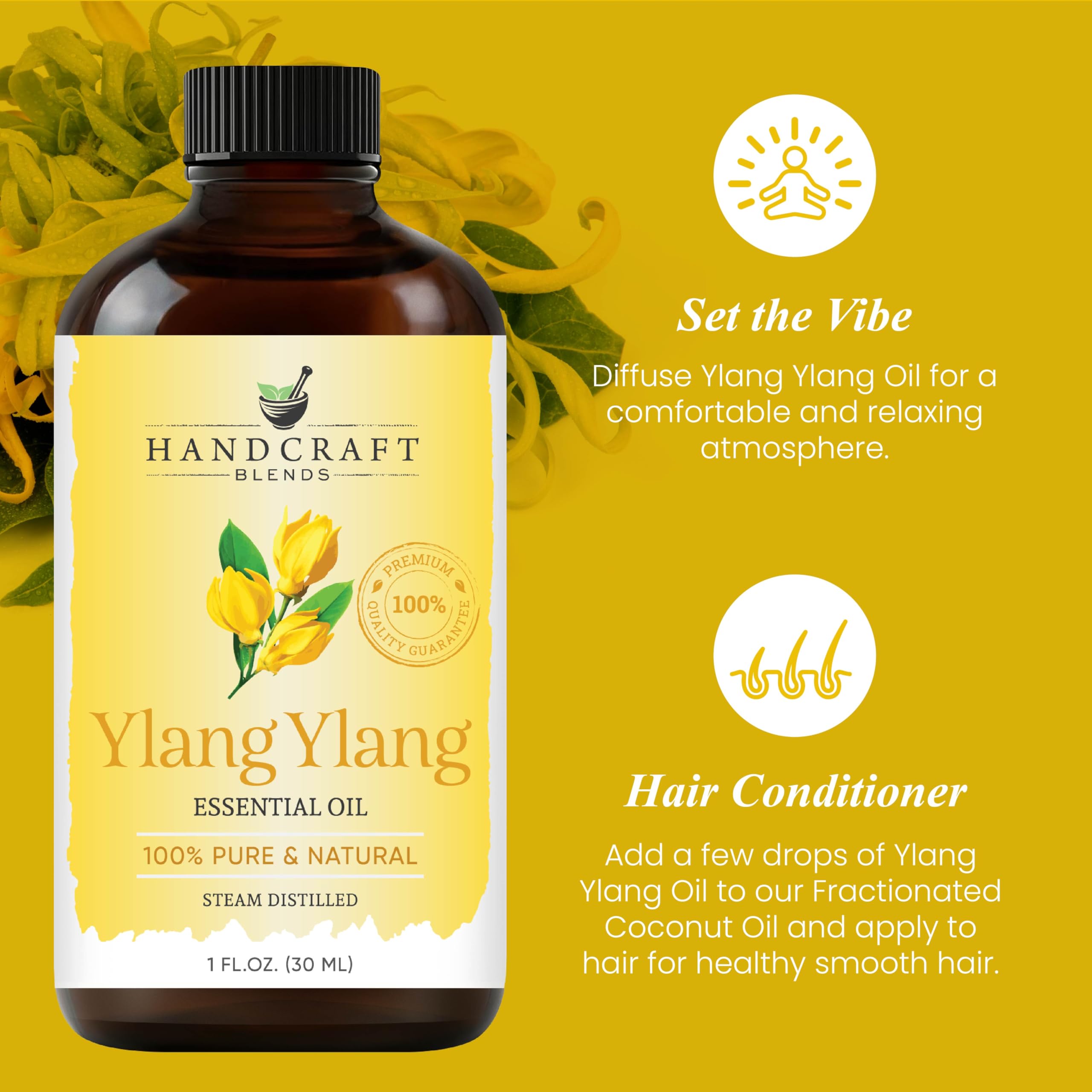 Ylang Ylang Essential Oil - 1 Fl Oz (30ml) - 100% Pure & Natural Therapeutic Grade - Best for Aromatherapy, Diffusers, Massage, Relaxation & Stress Relief