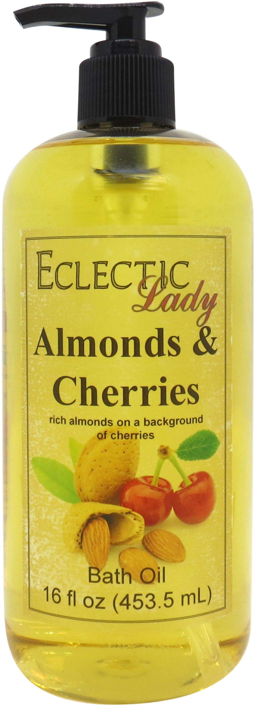 Eclectic Lady Almonds & Cherries Scented Bath Oil - Relaxing, Moisturizing Body Oil for Dry, Rough & Sensitive Skin - Daily Nourishing Shower Oil (16 oz) - Perfect for Spa Nights & Self-Care Routines