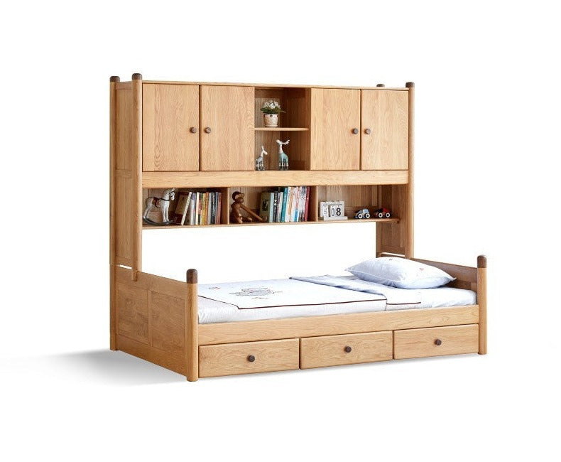 Solid Oak Wood Multi-Function Storage Bed - Queen Size Platform Bed with Underbed Drawers for Small Space Bedroom, Guest Room & Studio Apartments