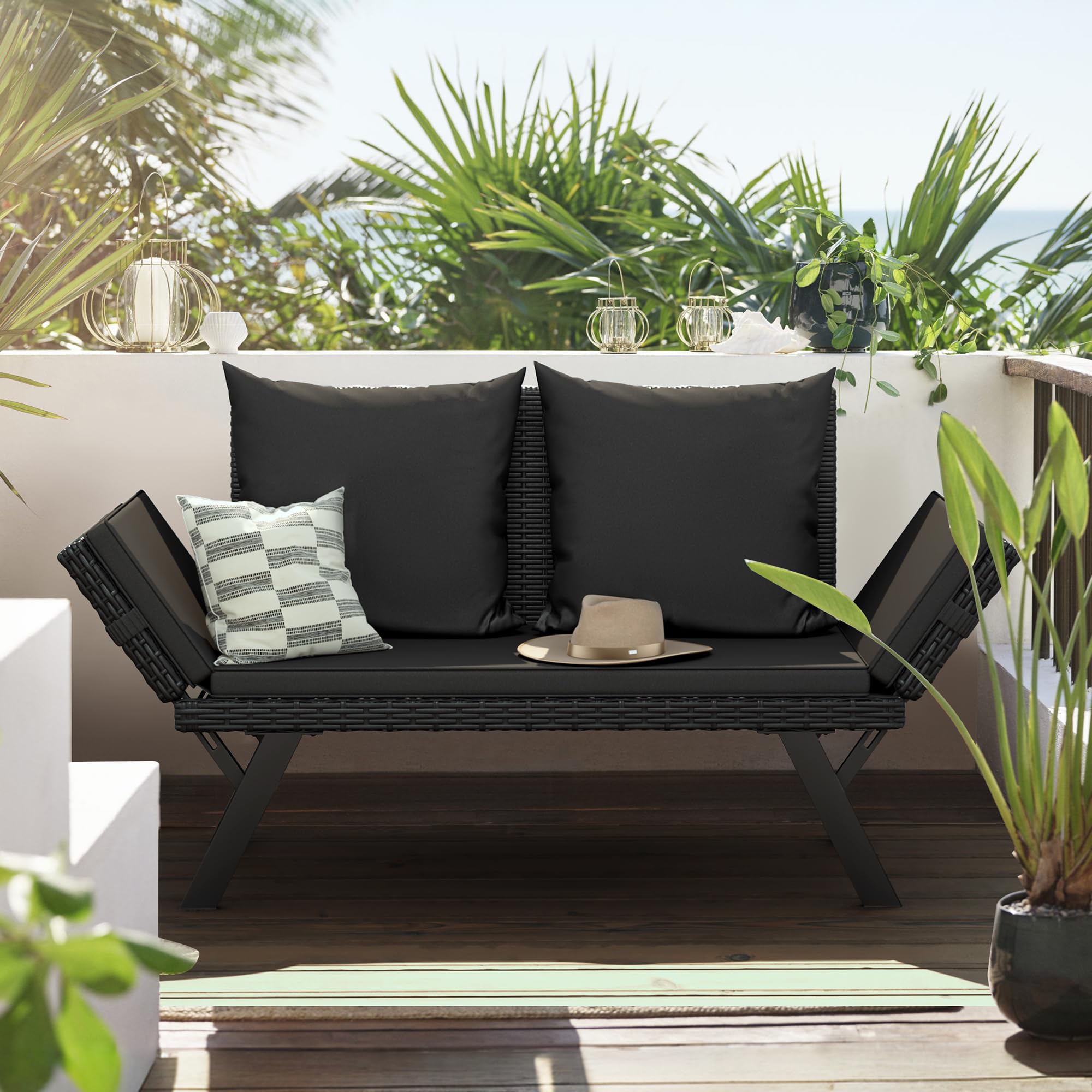Flamaker Outdoor Convertible Sofa Bed - Adjustable Rattan Patio Lounge Chair with Removable Cushions & Pillows - Waterproof Wicker Sunbed for Porch, Poolside, Garden, Backyard (Black) - Perfect for Relaxing, Sunbathing and Outdoor Entertaining