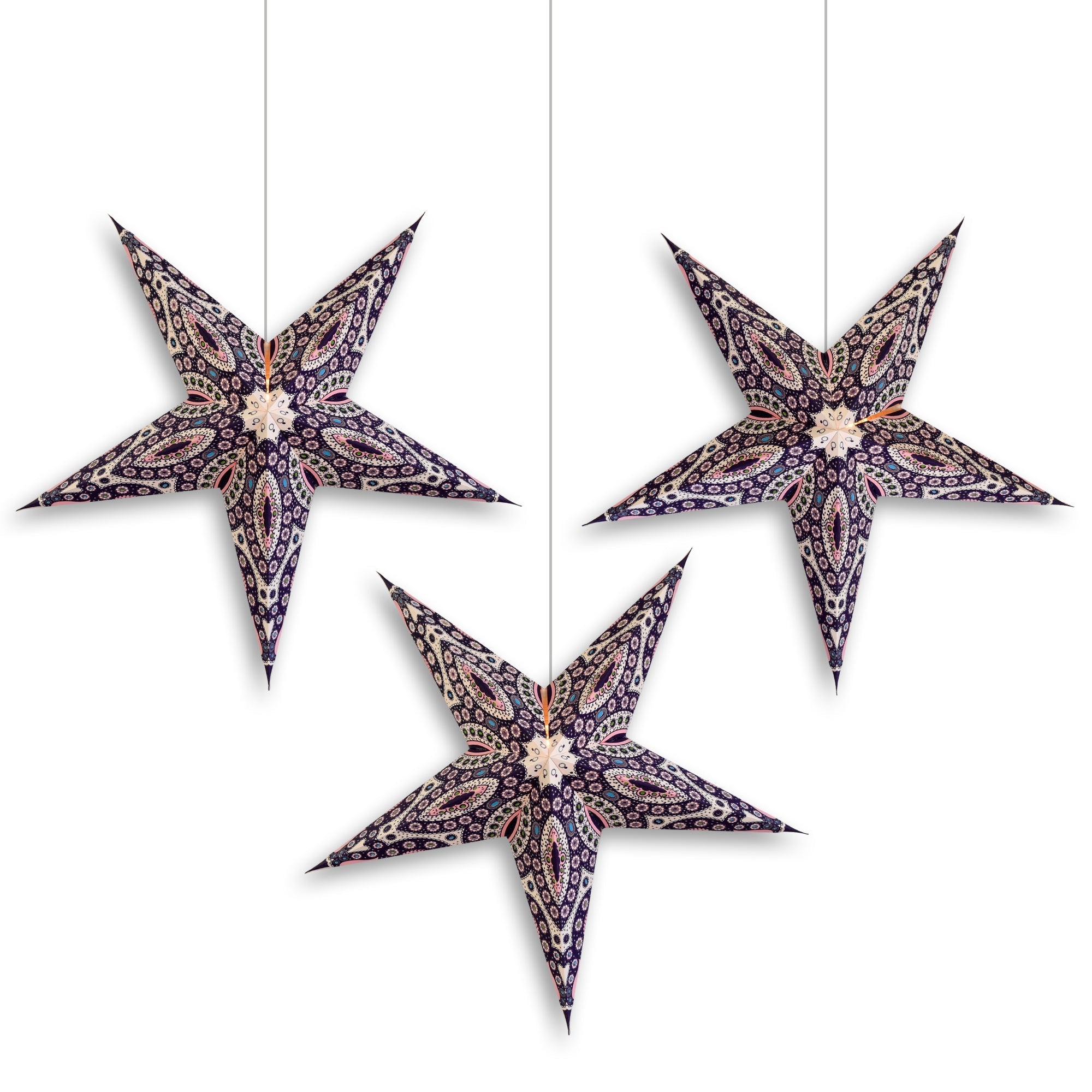 3 Pack 24 Inch Paper Star Lanterns - Pink & Purple Starlight Kit with Triple Pendant Lights | Perfect for Bedroom Decor, Wedding Party Lighting, and Boho Home Decor