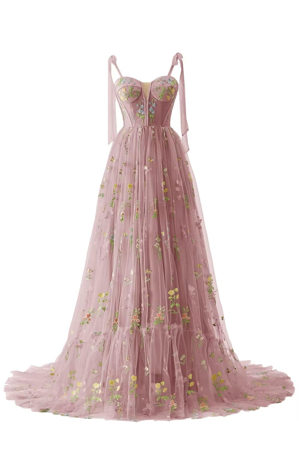 Basgute Women's Floral Embroidery Tulle Prom Dress - Corset Long Spaghetti Strap Fairy Ruched Formal Evening Gown for Homecoming, Wedding Guest & Special Occasions