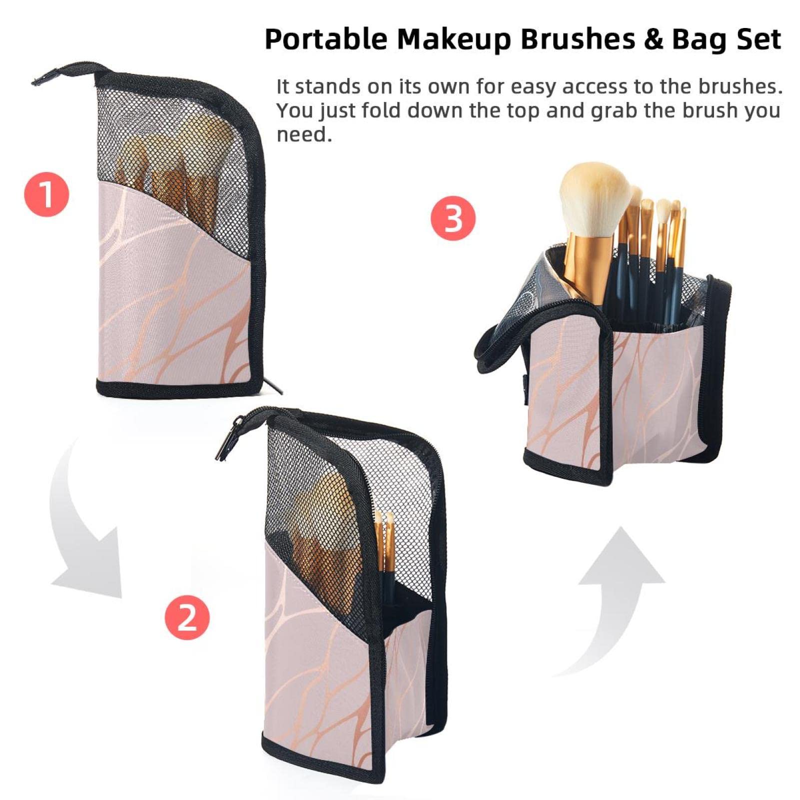 Premium 12-Piece Makeup Brush Set with Abstract Marble Print Rose Gold Organizer Bag - Portable Travel Makeup Brush Holder Case for Professional Artists & Beauty Enthusiasts (Perfect for Home, Travel & Salon Use)