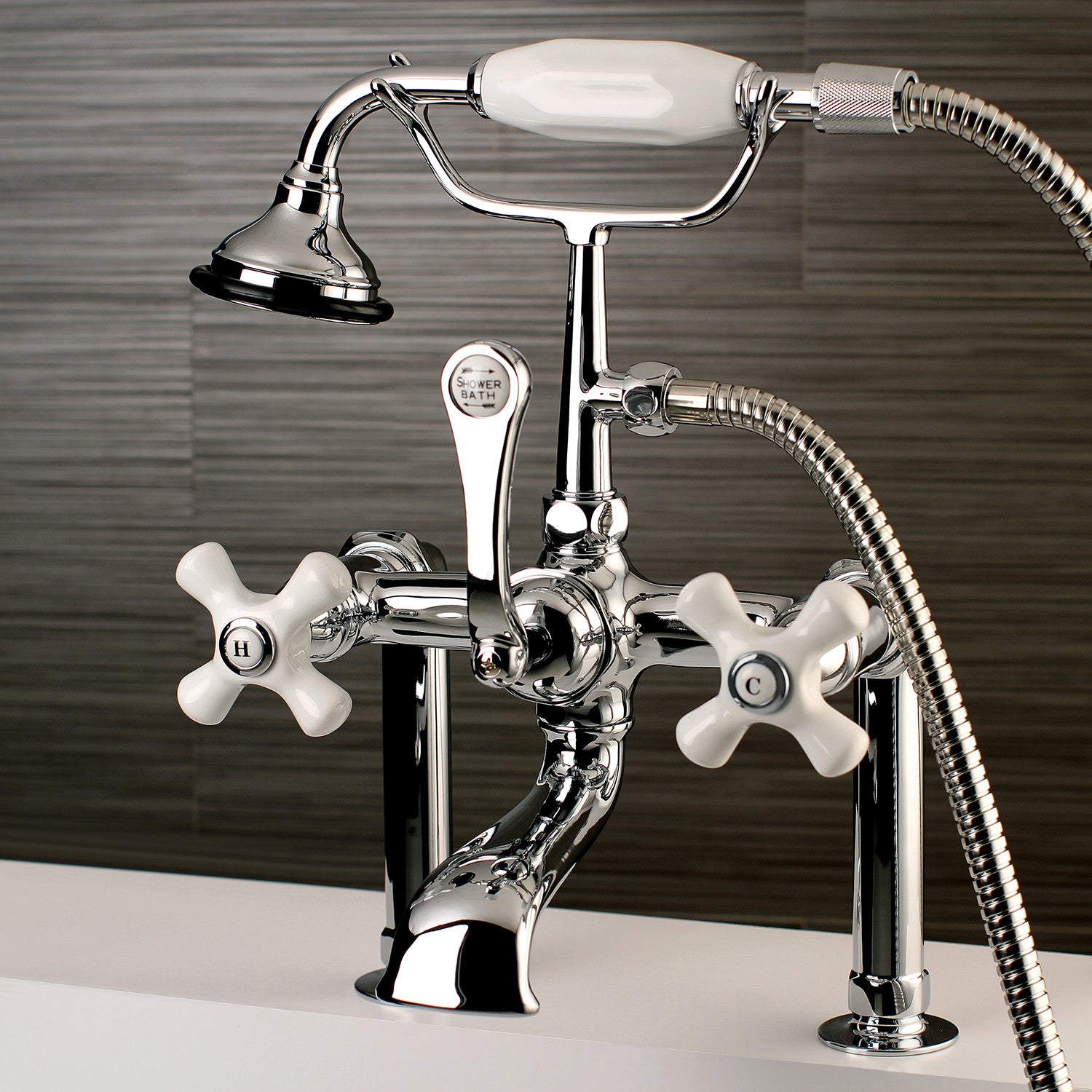 Vintage Clawfoot Tub Faucet with Hand Shower - 3 Handle 2 Hole Deck Mount Bathroom Fixture in Polished Chrome - Perfect for Classic & Farmhouse Style Bathrooms