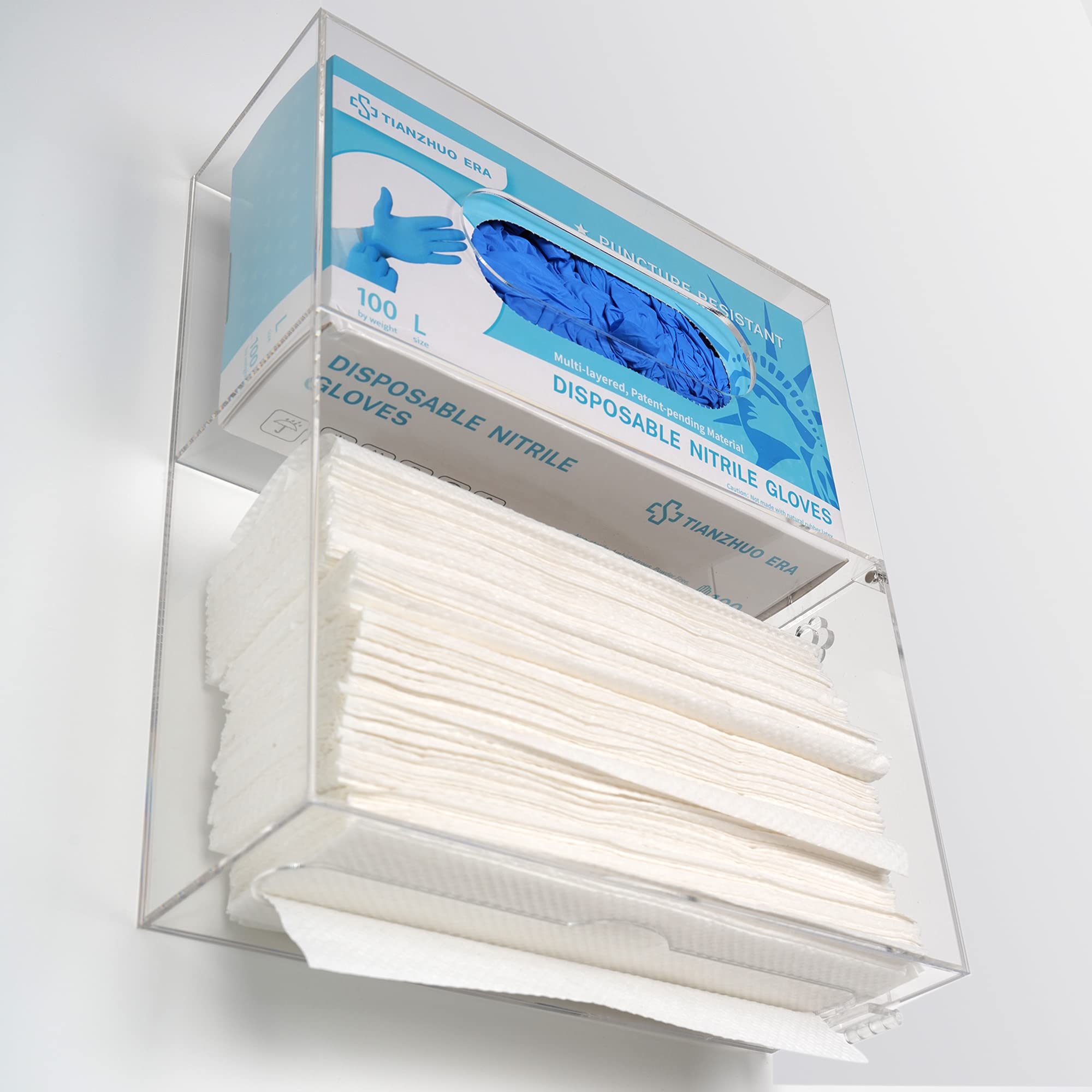 Clear Acrylic Glove Box & Paper Towel Holder Dispenser - Wall Mounted Organizer for Kitchen, Bathroom, or Workshop Storage