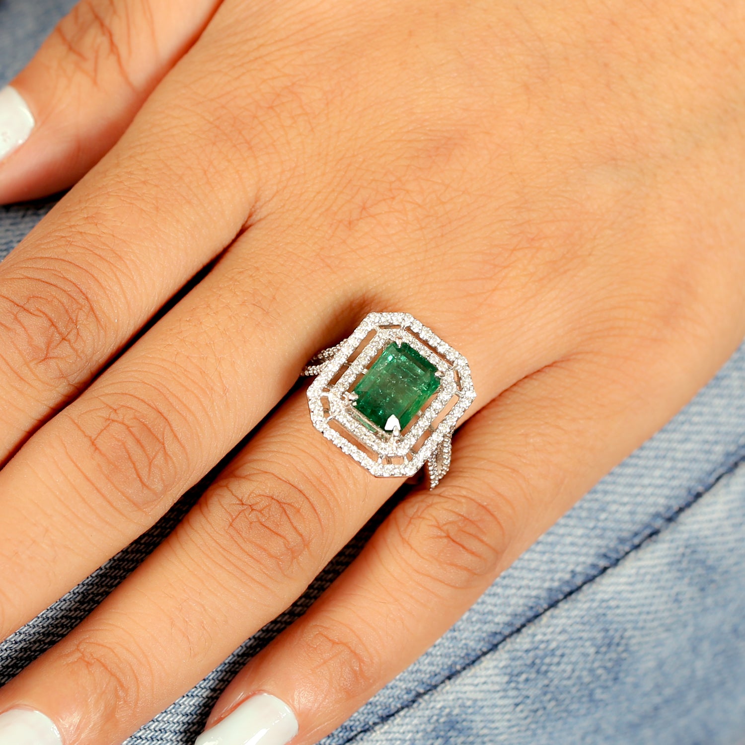 14K White Gold Emerald Cut May Birthstone Ring with Pave Diamond Accents - Perfect for Birthdays, Anniversaries & Special Occasions