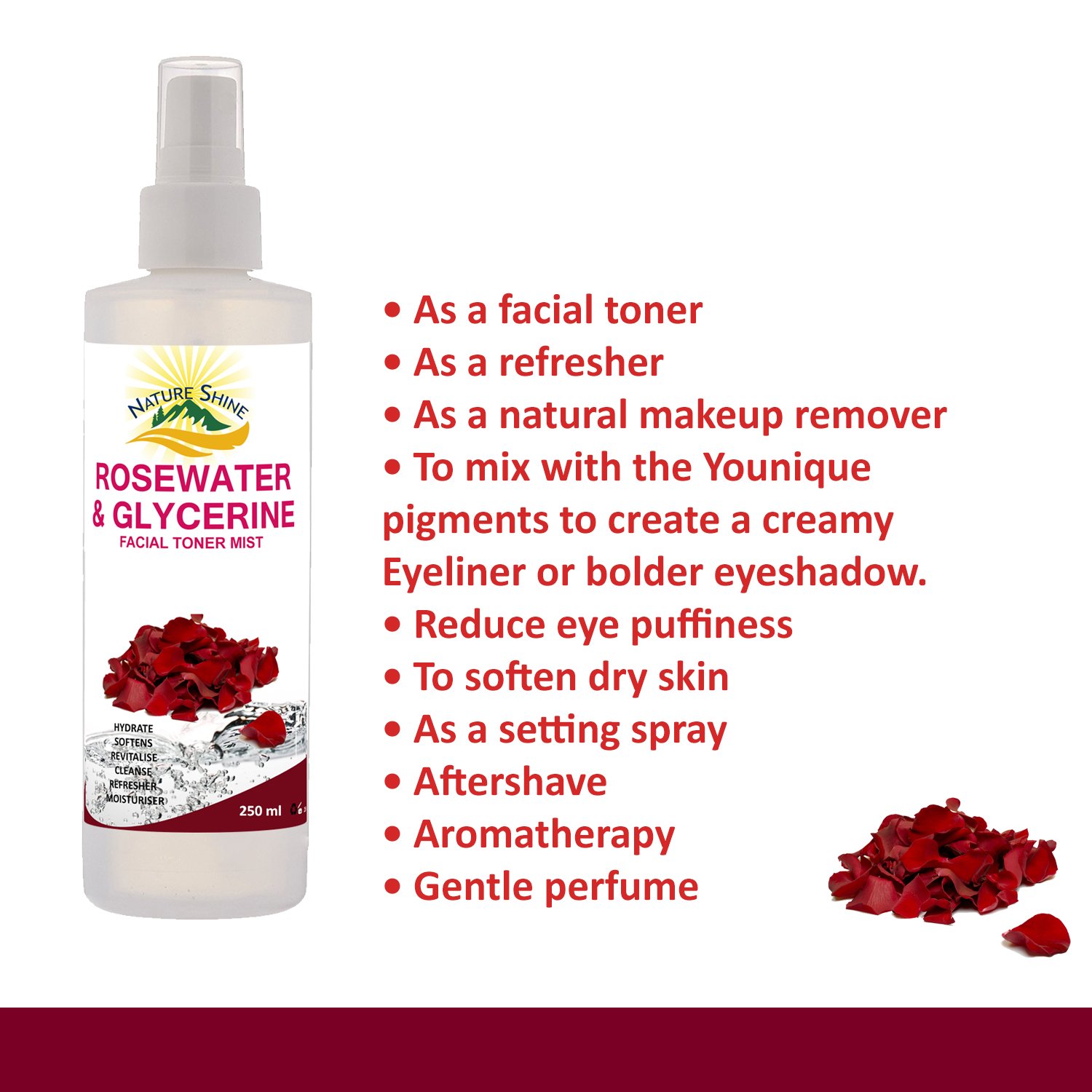 Rose Water & Glycerin Facial Toner Spray - Hydrating Mist for Face, Eyes, Skin & Hair | Natural Astringent for Acne & Blemish Control | 8.5oz (250ml) with Hydrosol Sprayer | Perfect for Daily Skincare Routine & Makeup Setting
