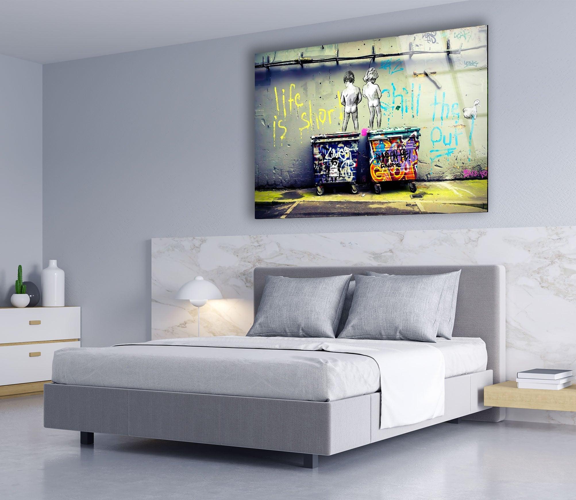 Banksy Life is Short Glass Wall Art - Modern Home Decor for Living Room, Bedroom & Office - Unique Street Art Inspired Glass Print