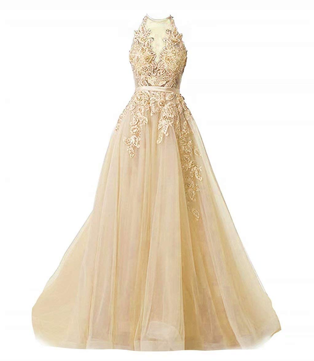Elegant Women's Halter Prom Dresses with Long Lace Appliques - Backless Evening Formal Gown for Homecoming, Wedding, and Special Occasions