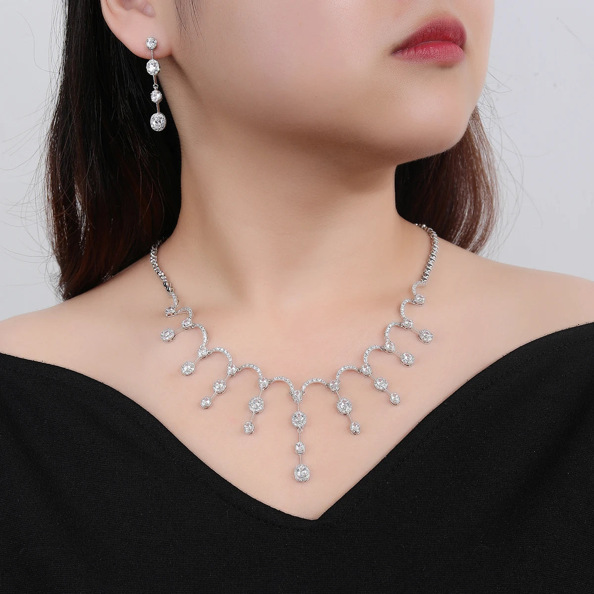 Elegant Cubic Zirconia Earrings and Necklace Jewelry Set for Women - Perfect for Weddings, Parties & Special Occasions | CN10642