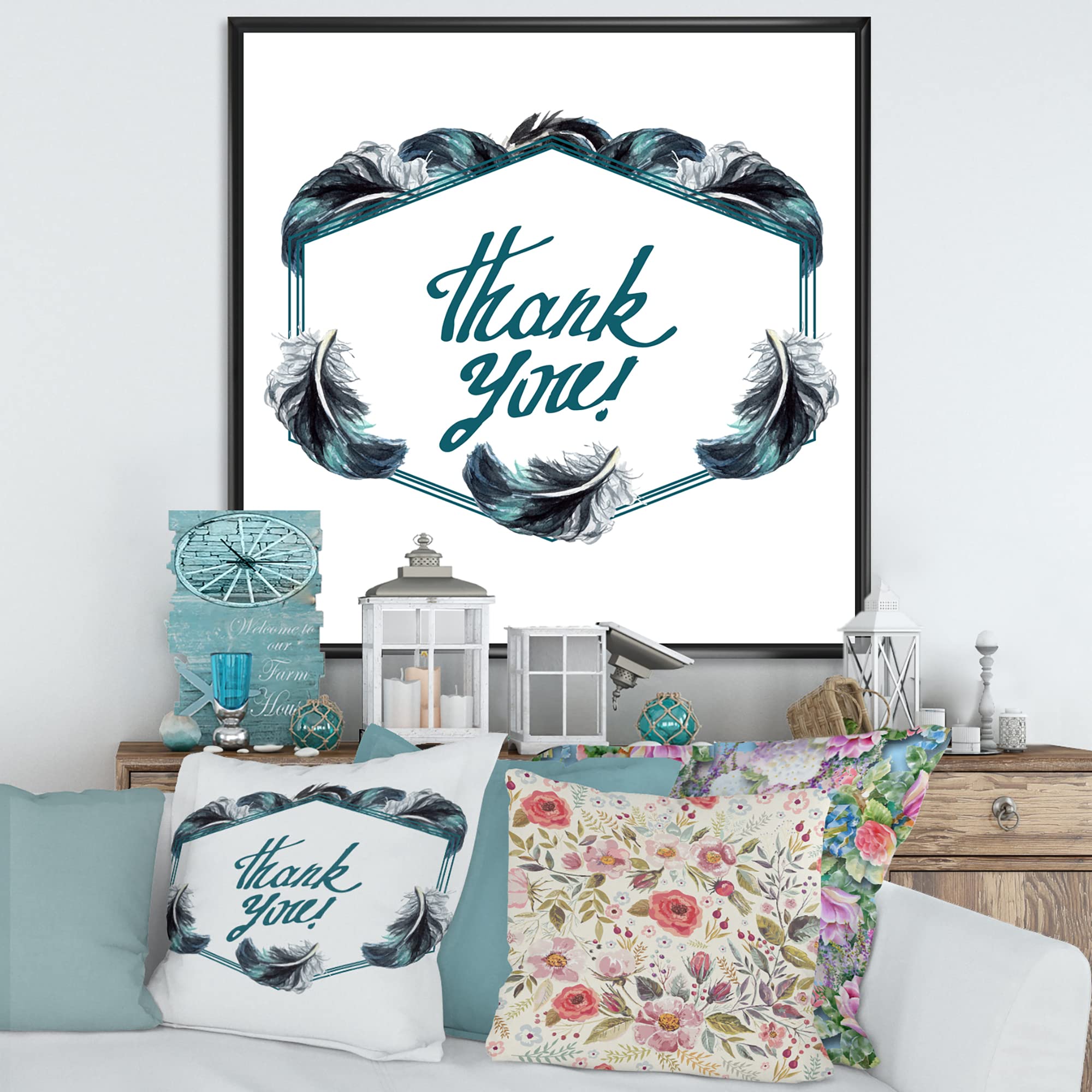 DesignQ Black Boho Feathers Thank You Framed Canvas Wall Art Print - Bohemian & Eclectic Home Decor for Living Room, Bedroom & Office