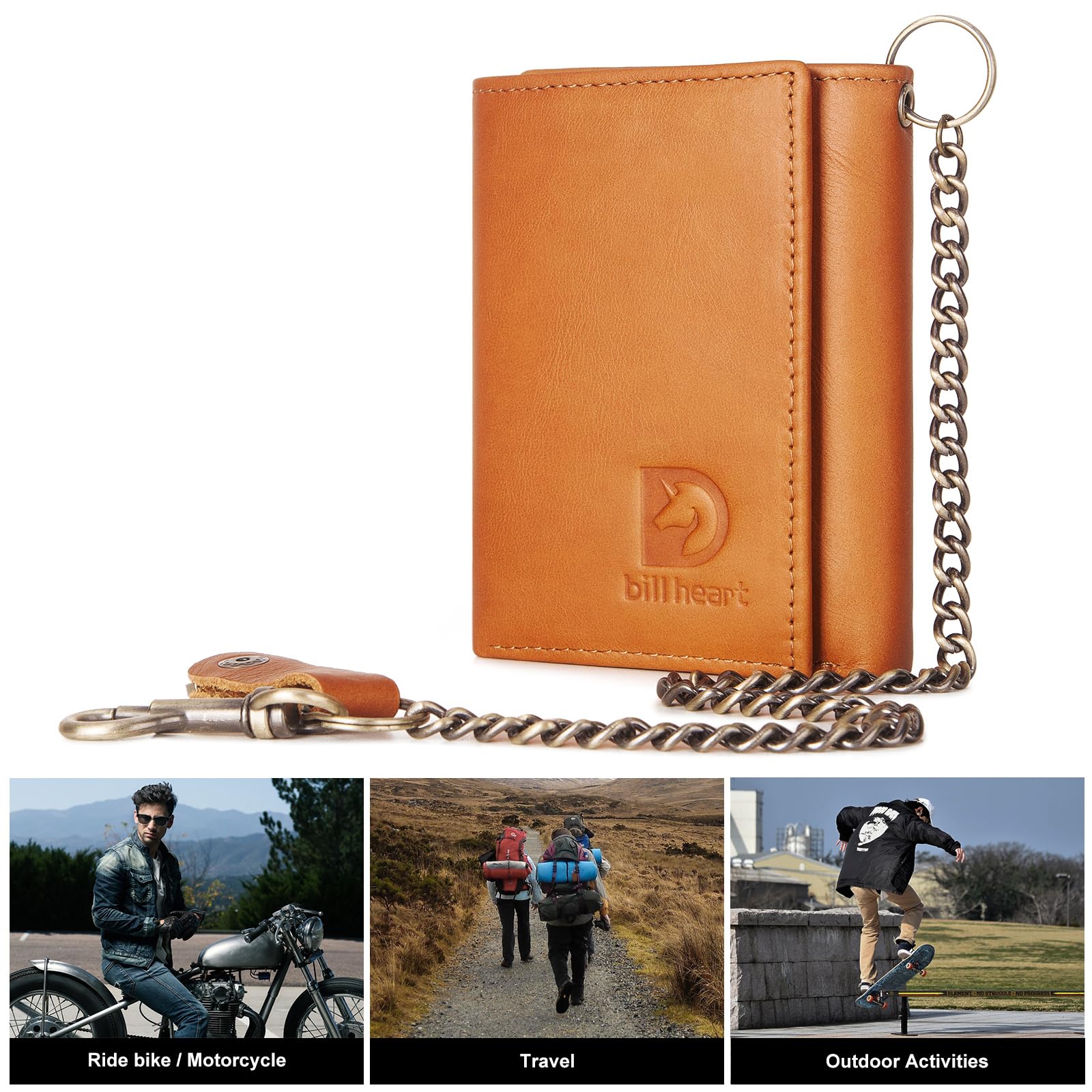 Men's Genuine Leather Biker Trifold Wallet with RFID Blocking & Anti-Theft Chain - Brown RFID Blocking Wallet with Coin Pocket for Motorcycle Riders & Travel Security